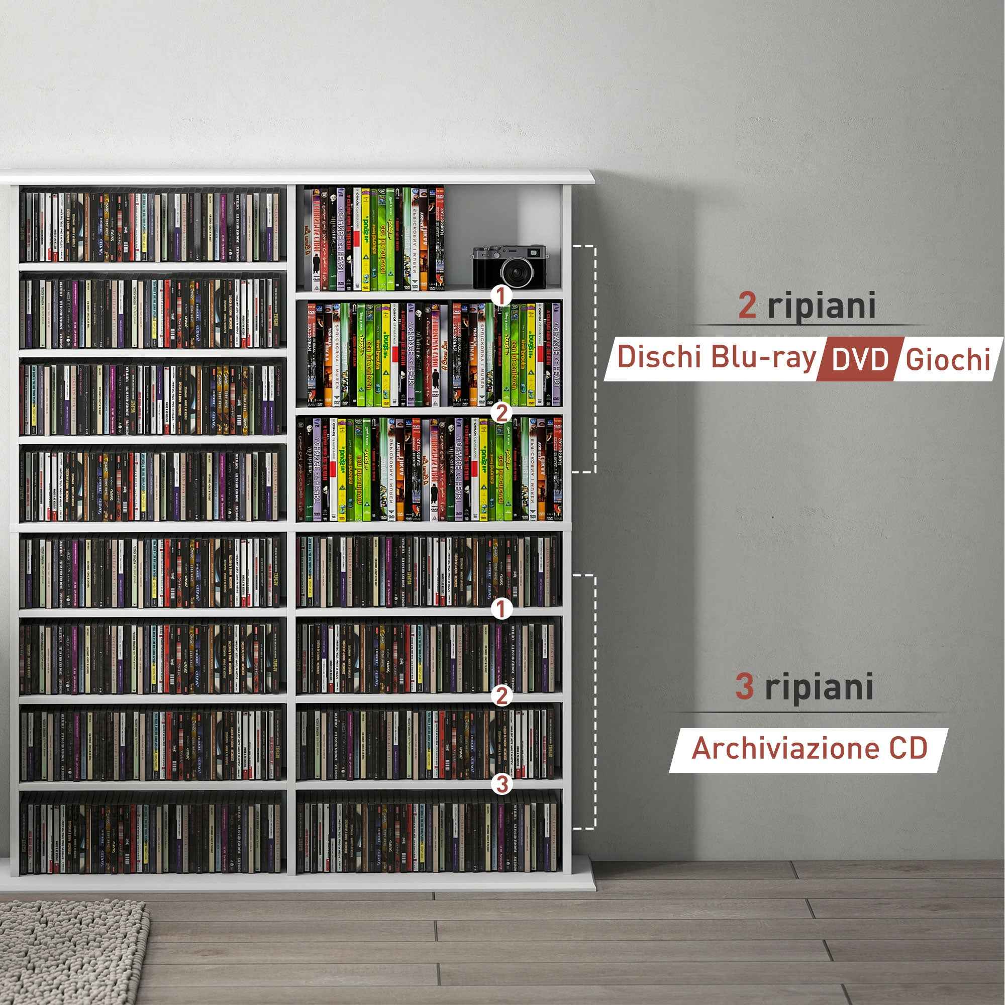 HOMCOM 16-Tier Modern Design Wooden CD Bookcase, 106.5x24x126.3 cm, White