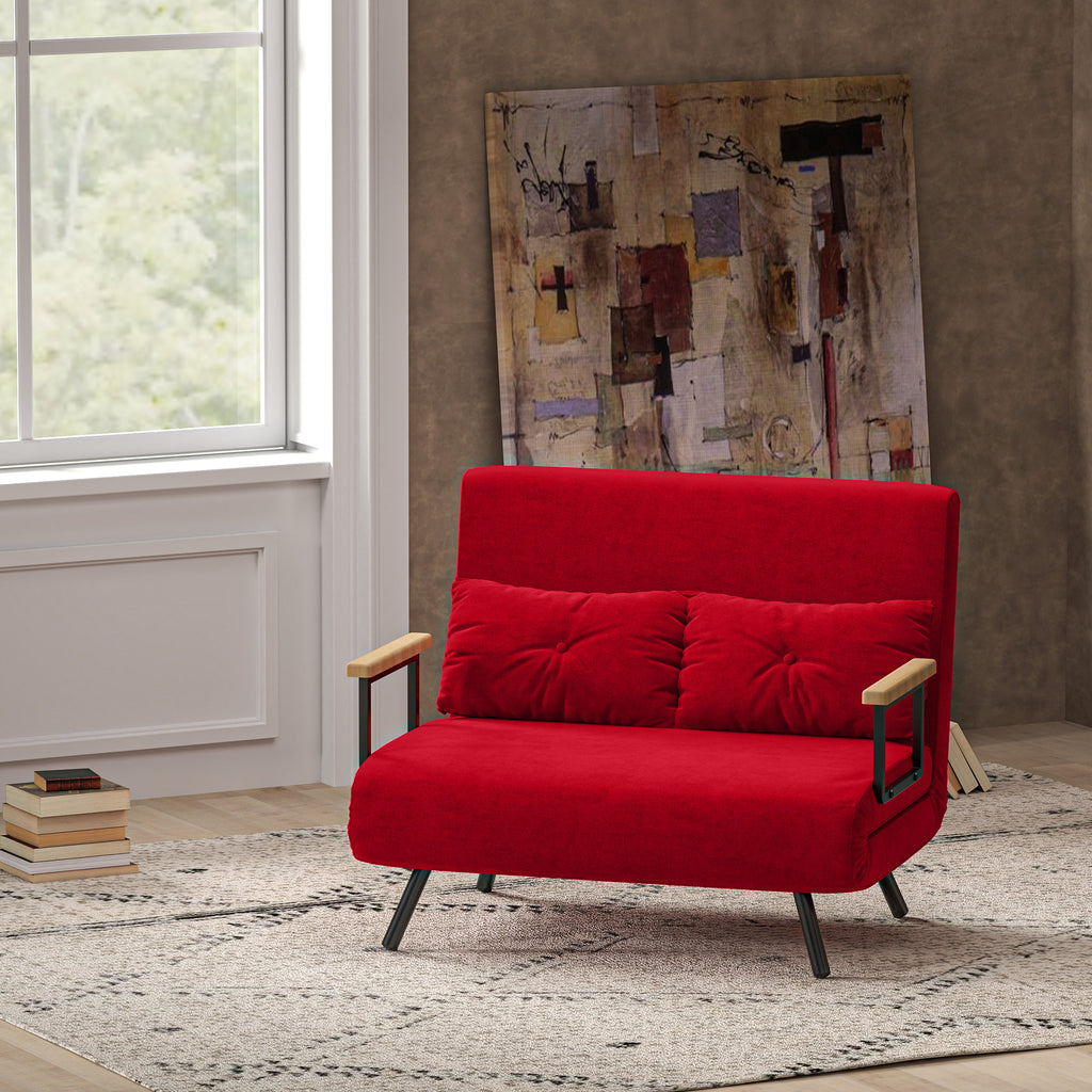 Velvet Fabric Sofa Bed with Adjustable Backrest and 2 Cushions, 102x73x81 cm, Red