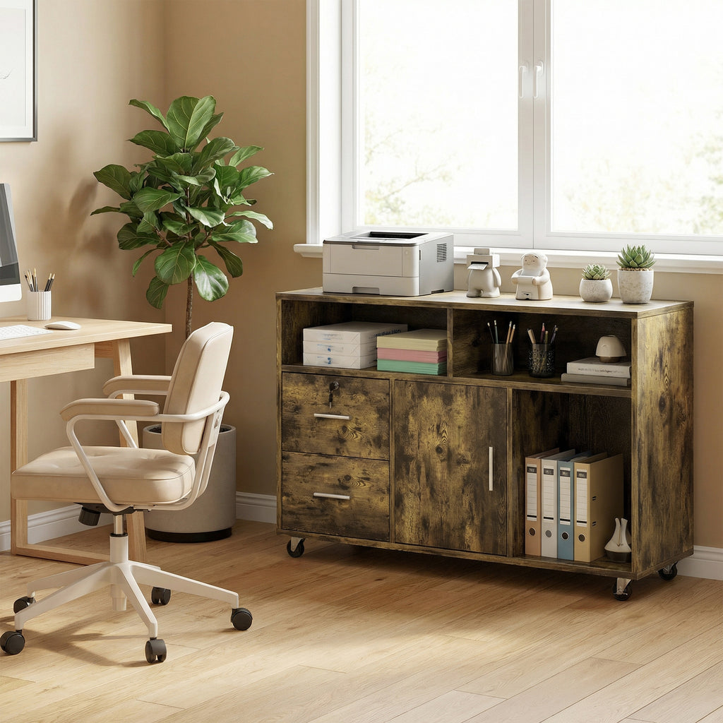 HOMCOM Wooden Printer Stand with Wheels, 2 Drawers, 3 Shelves, and 2 Cabinets, 100x35x65 cm, Brown