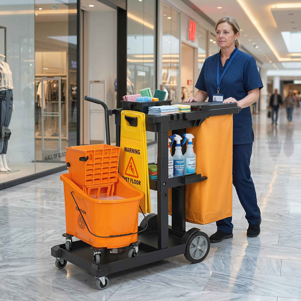 HOMCOM Cleaning Trolley: Wheels, 3 Shelves, 70L Bag, Bucket with Wringer.