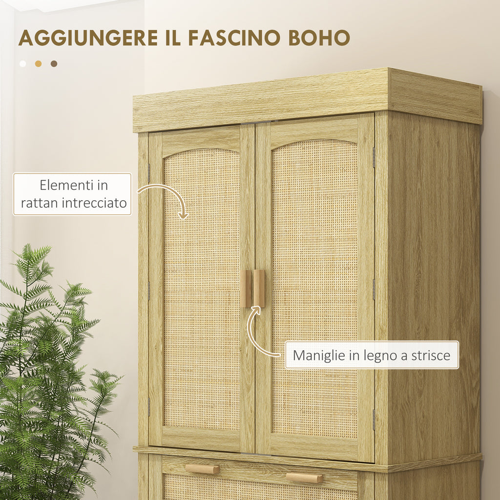 Boho Style Kitchen Sideboard with 2 Cabinets, Drawer and Spice Rack in Wood and Rattan, 76x40x183cm, Oak