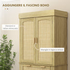 Boho Style Kitchen Sideboard with 2 Cabinets, Drawer and Spice Rack in Wood and Rattan, 76x40x183cm, Oak