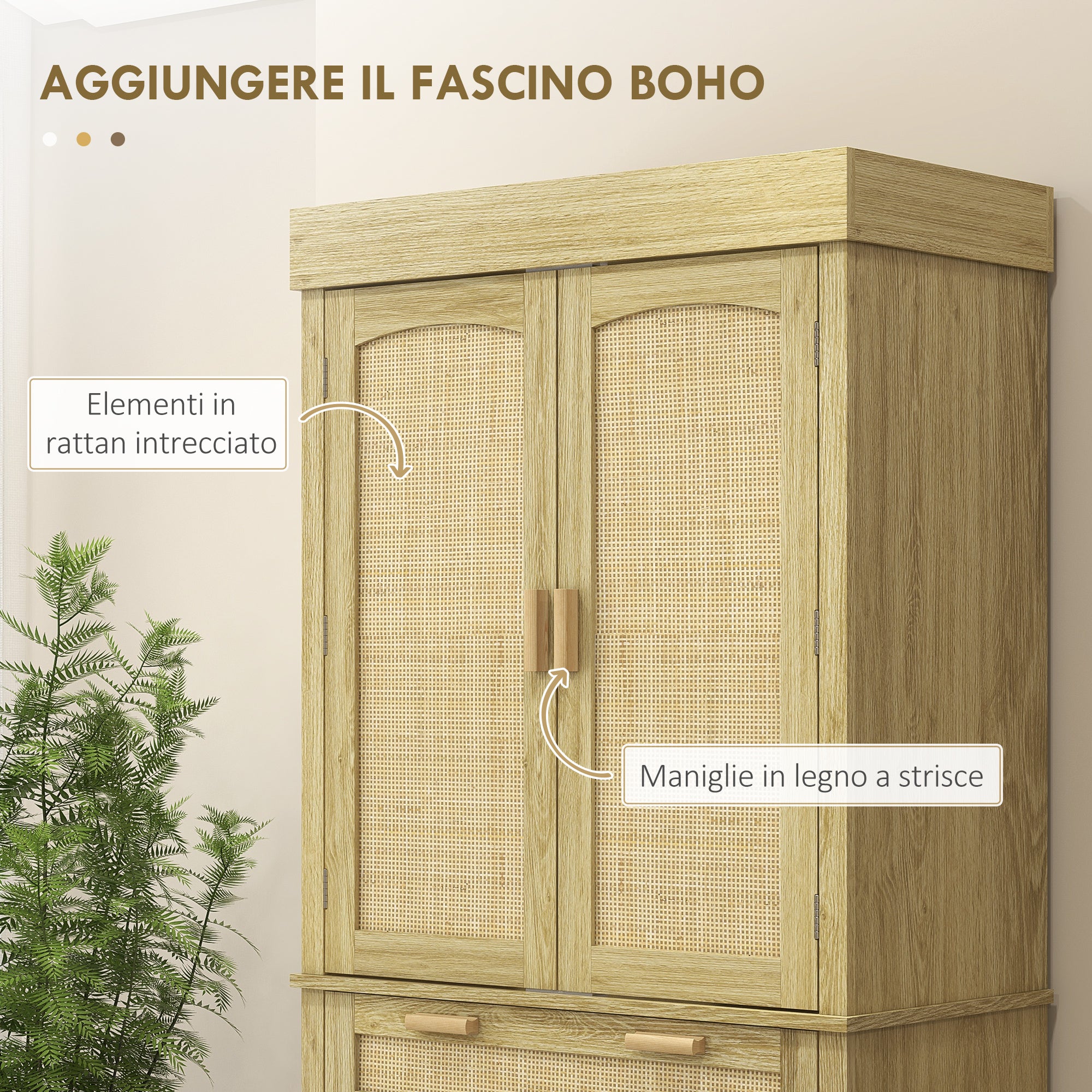 Boho Style Kitchen Sideboard with 2 Cabinets, Drawer and Spice Rack in Wood and Rattan, 76x40x183cm, Oak