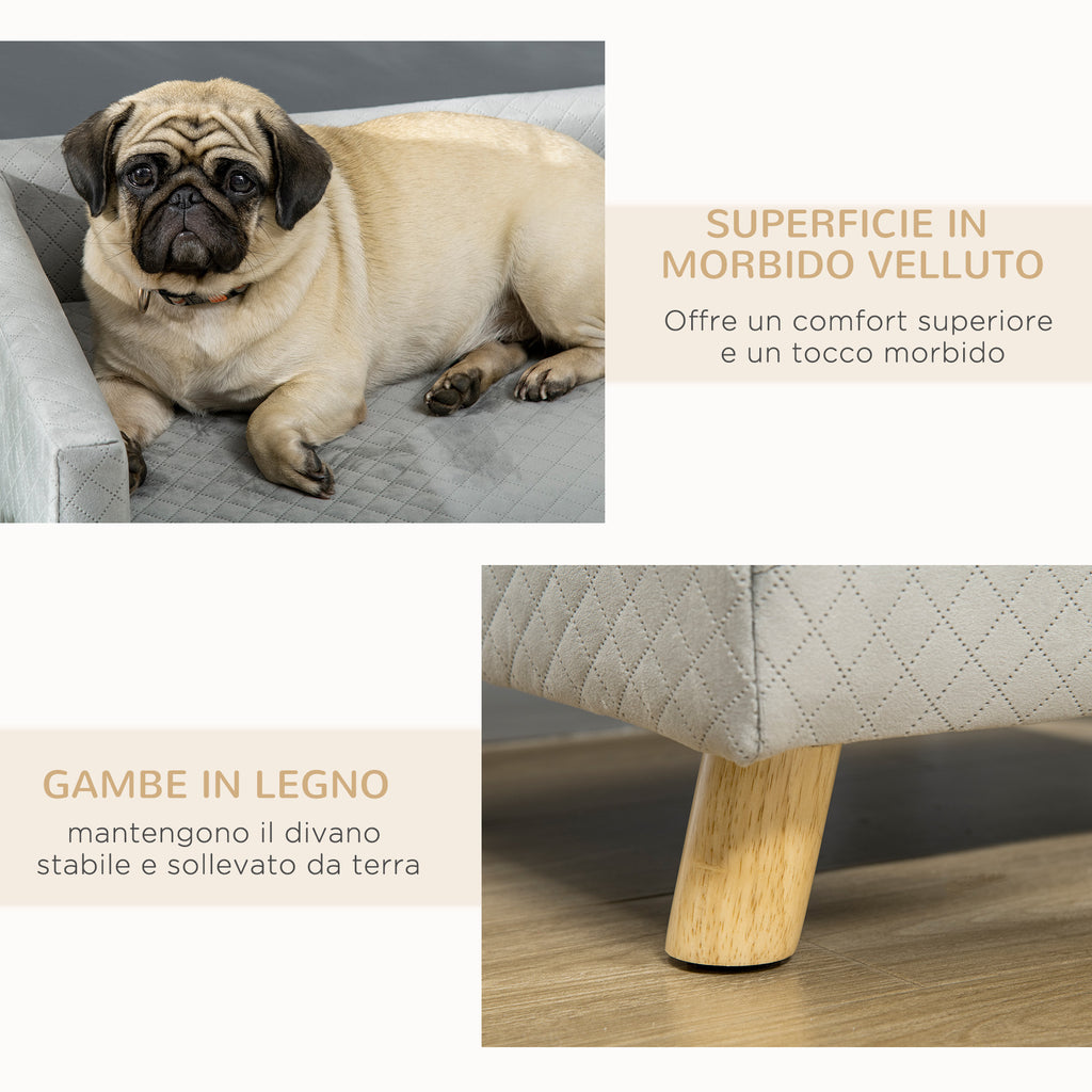 Scandinavian Style Dog and Cat Sofa with Upholstered Velvet and Wood Cushion, 64x45x36cm, Grey