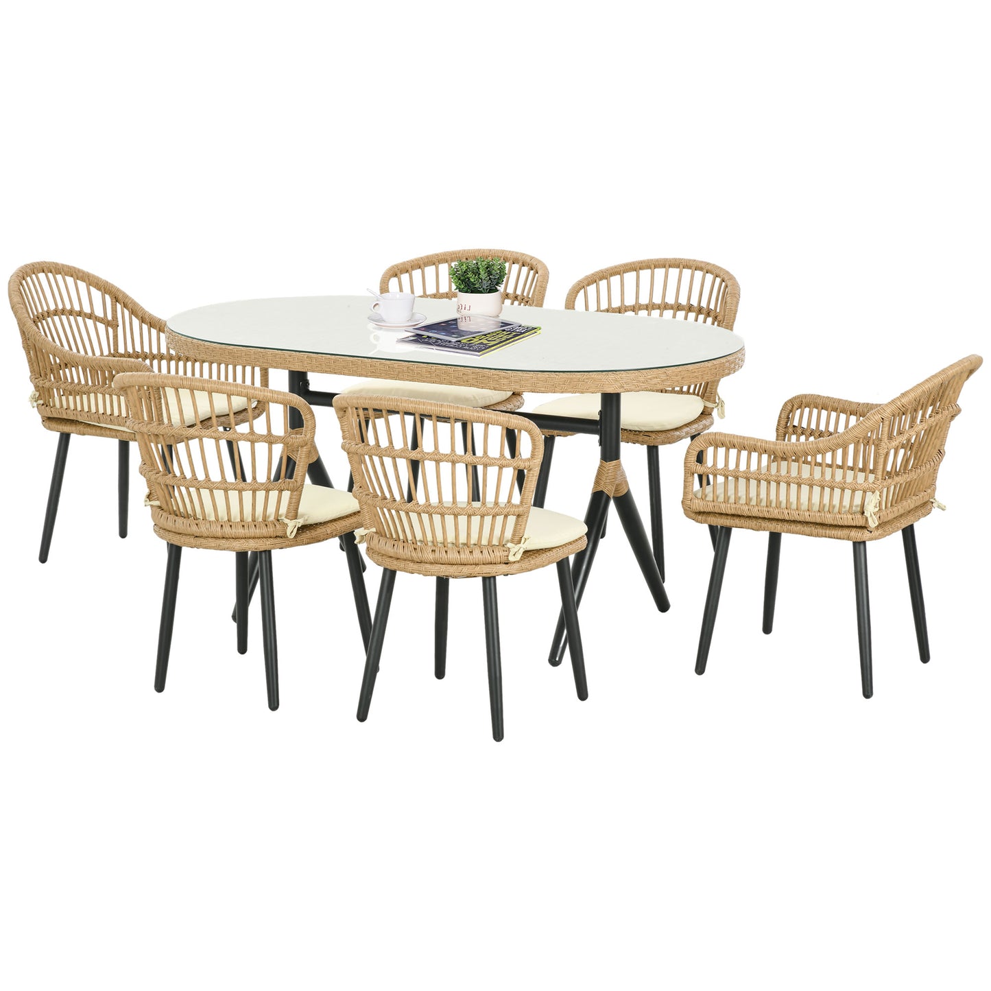 Outdoor Lounge: 7 Piece PE Rattan Garden Set with Dining Table 153x89x74 cm and 6 Chairs 52x62x78 cm with Cushions - Borgè