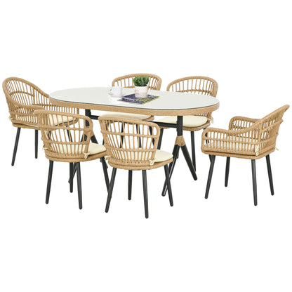 Outdoor Lounge: 7 Piece PE Rattan Garden Set with Dining Table 153x89x74 cm and 6 Chairs 52x62x78 cm with Cushions - Borgè