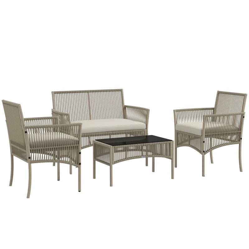 MYSTIKO | 4 Piece Rattan Garden Set with 2 Chairs, Sofa and Coffee Table, Khaki and Black