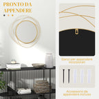 HOMCOM Modern and Round Decorative Wall Mirror with Hooks, in Glass and Metal, Ø65x1 cm, Gold - Borgè