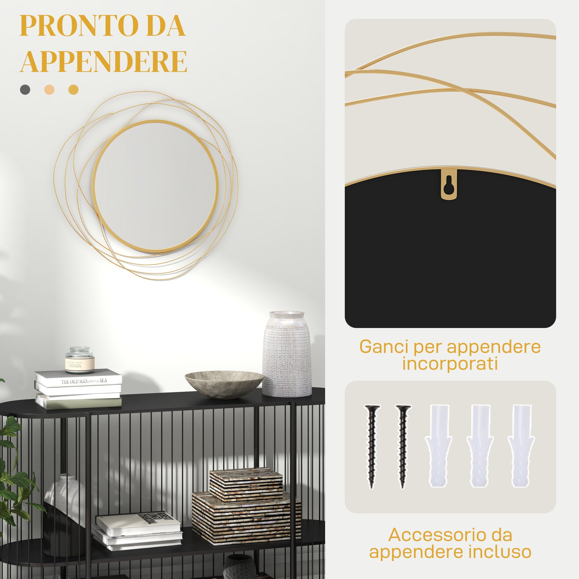 HOMCOM Modern and Round Decorative Wall Mirror with Hooks, in Glass and Metal, Ø65x1 cm, Gold - Borgè