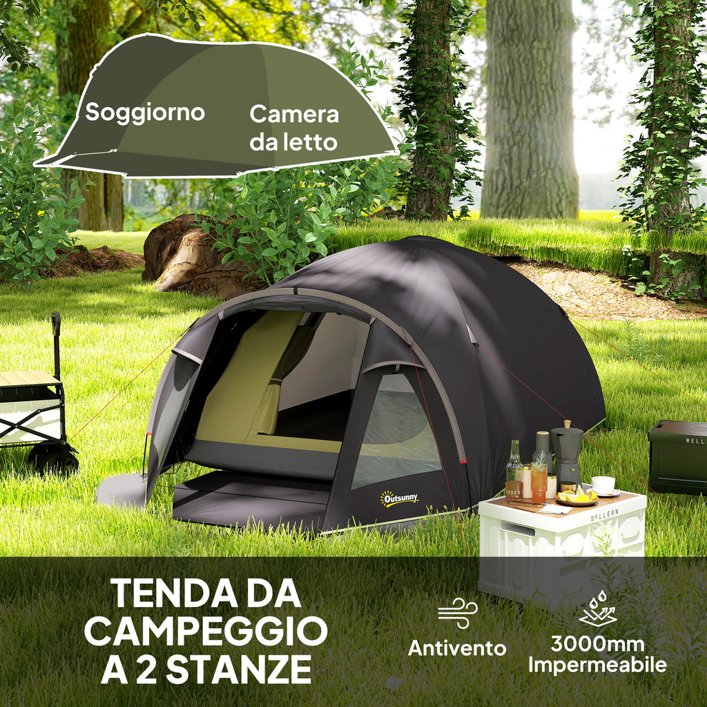 Tunnel Tent for 2-4 People with Side Windows and Hook, 190T Polyester and PE, 3.3x1.9x1.2 m, Black