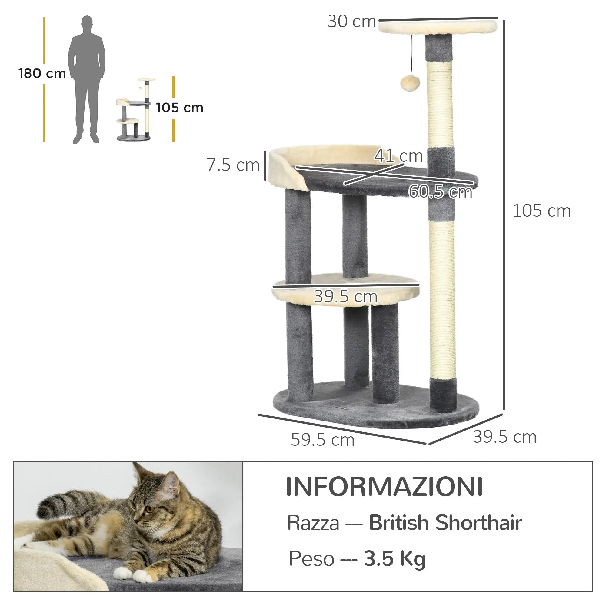 3-Tier Cat Tree with Sisal Posts and Height 105cm, Grey - Borge' Group Limited