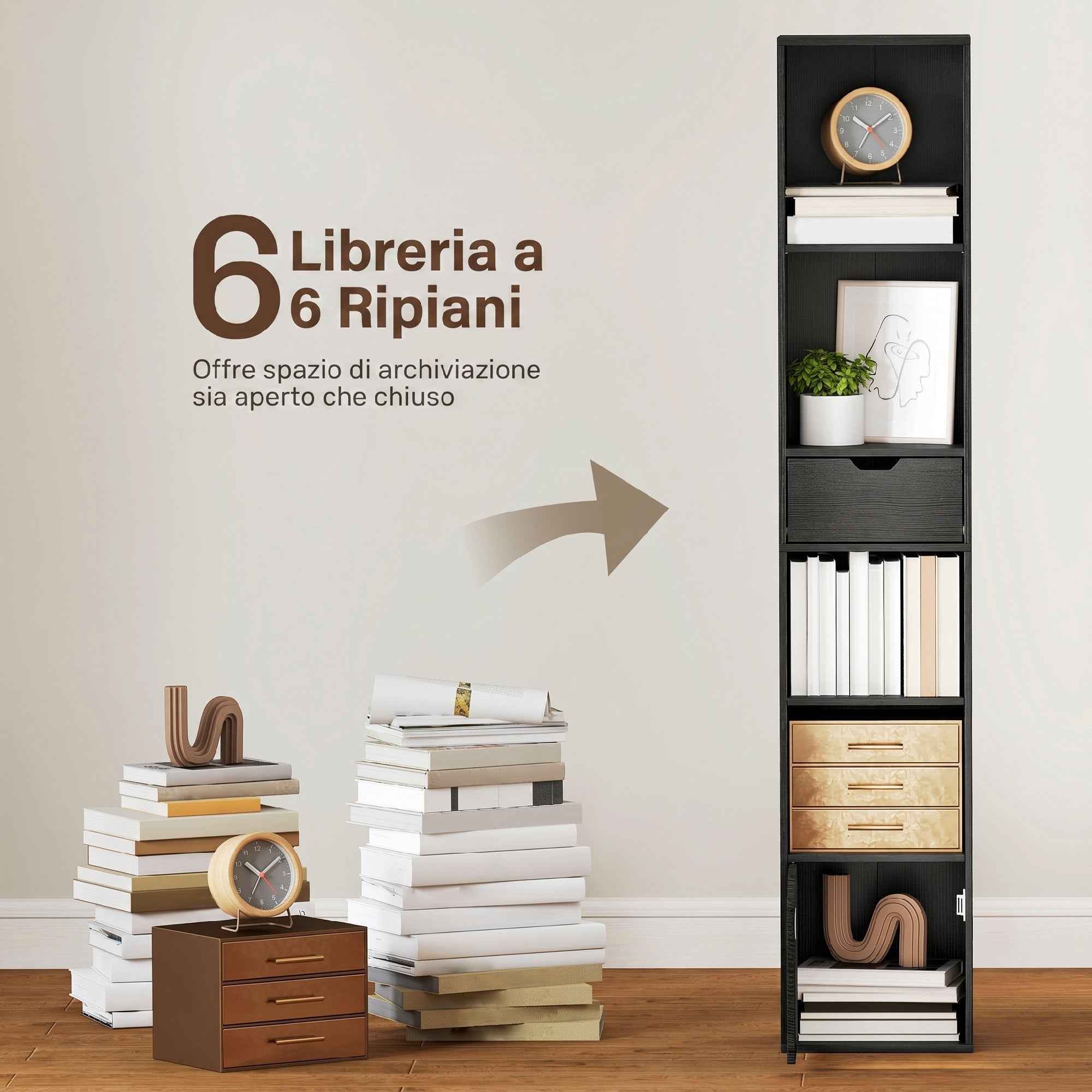 HOMCOM 4-Tier Open Bookshelf with Cabinet and Drawer, 30x24x158 cm, Black