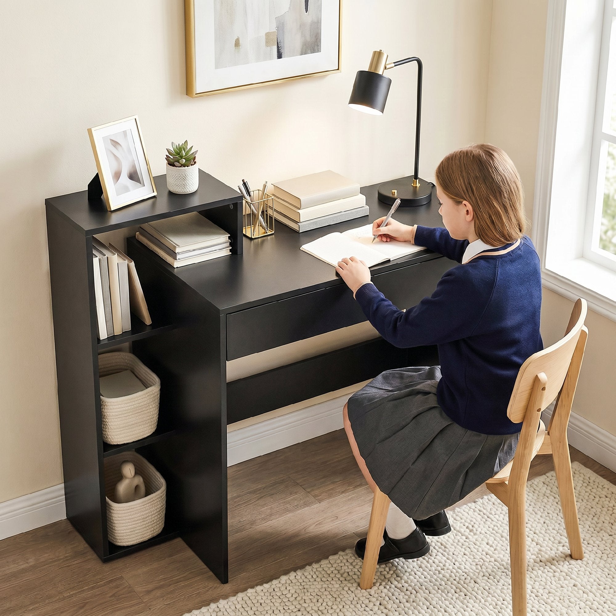 HOMCOM Modern PC Desk with 3 Open Shelves and Drawer, Black Wood, 100x40x90 cm