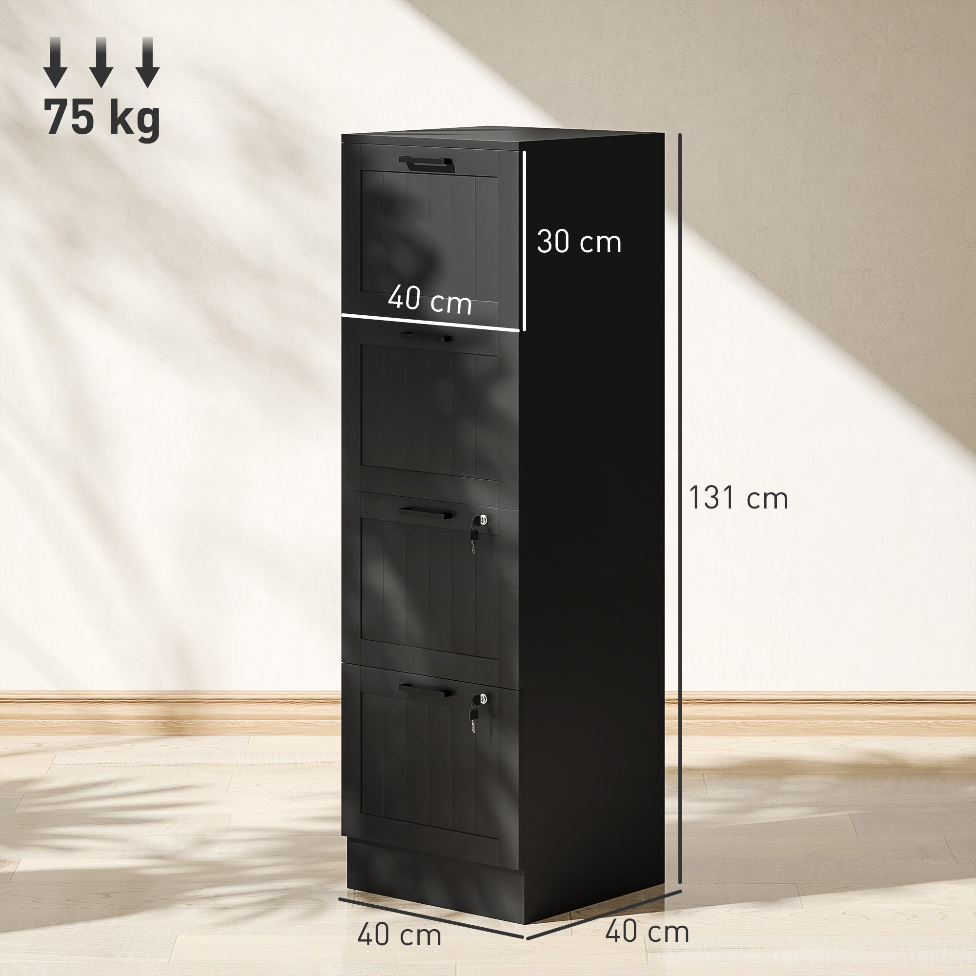 4-Drawer File Cabinet with Adjustable Rail and 2 Locks, Wooden, 40x40x131 cm, Black