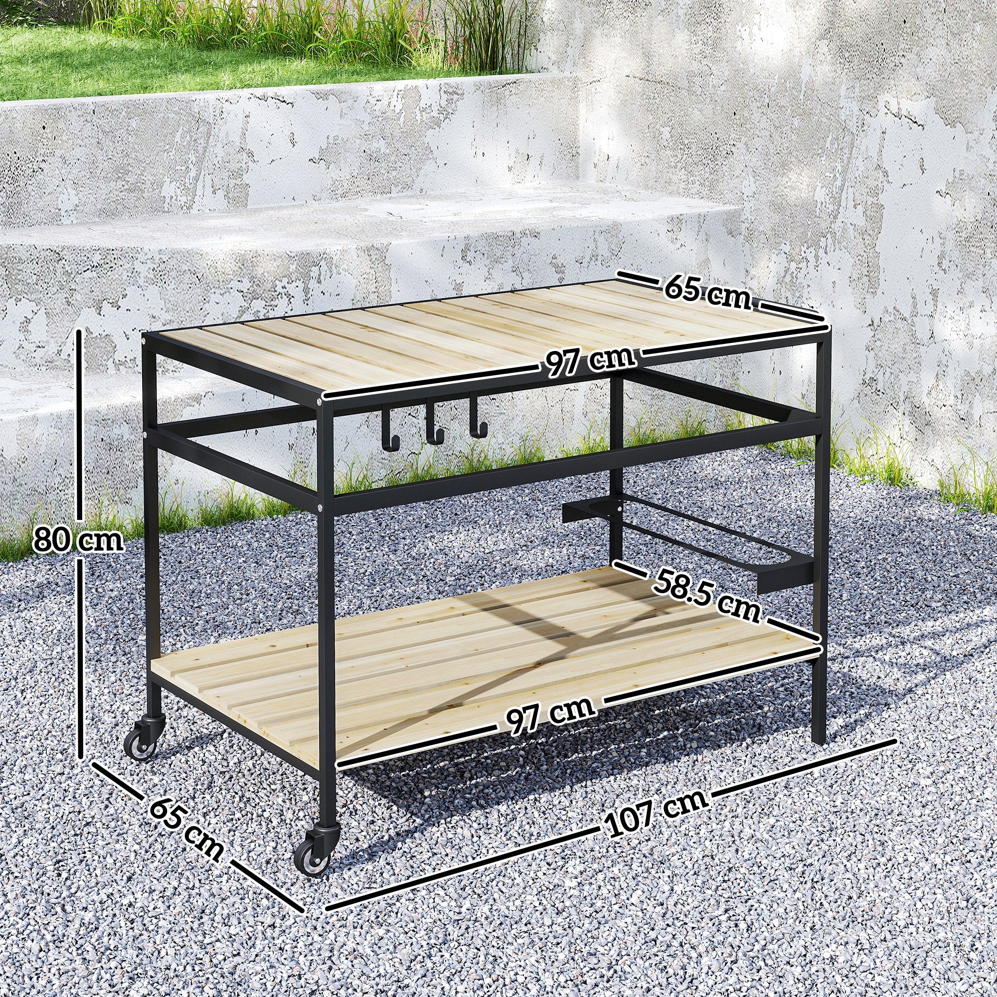 Outsunny Garden Food Cart in Wood with Slats and Steel, Shelf and Handle, 107x65x80 cm