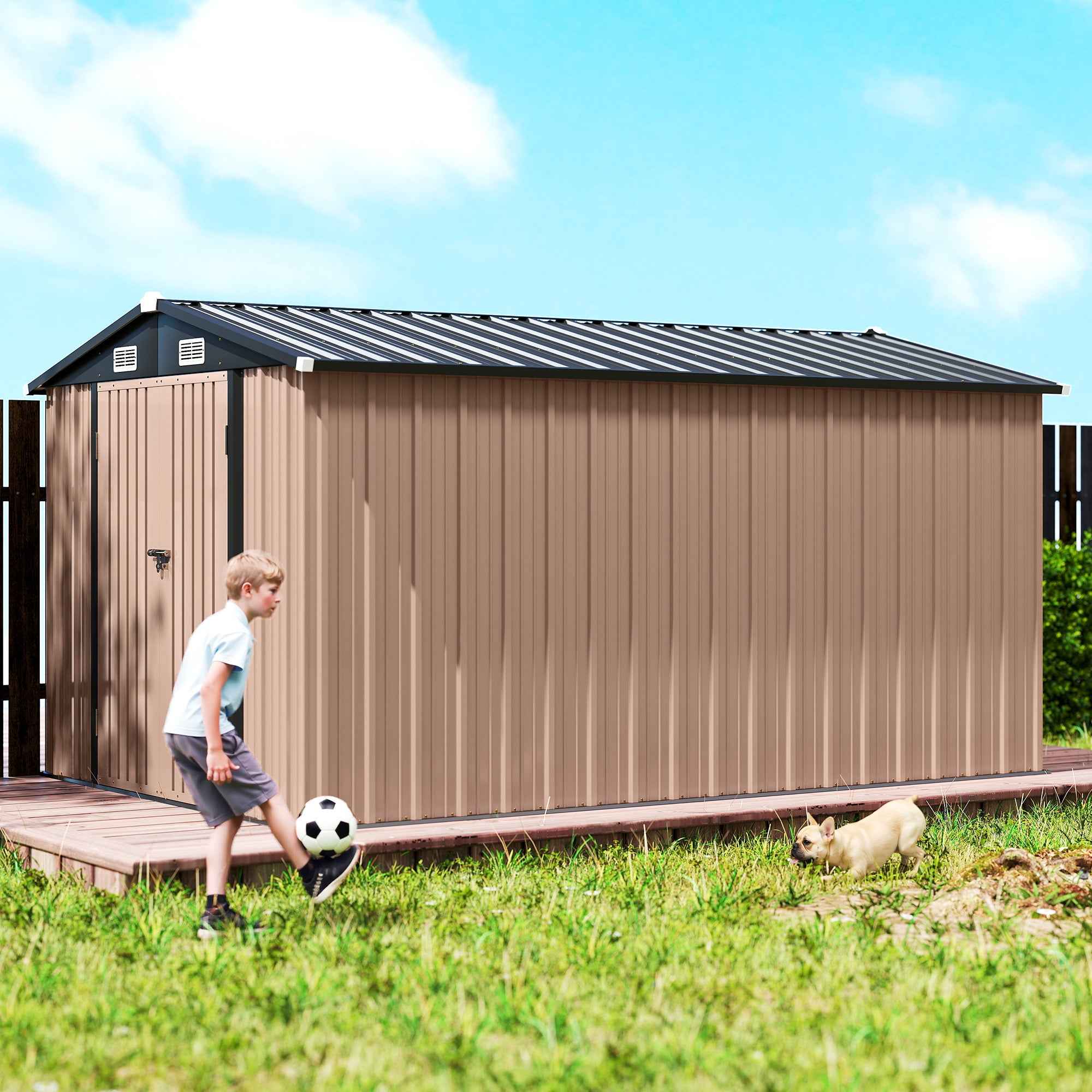 Outsunny 364 x 238 cm Metal Garden Shed with 4 Vents and Lockable Double Doors, Brown