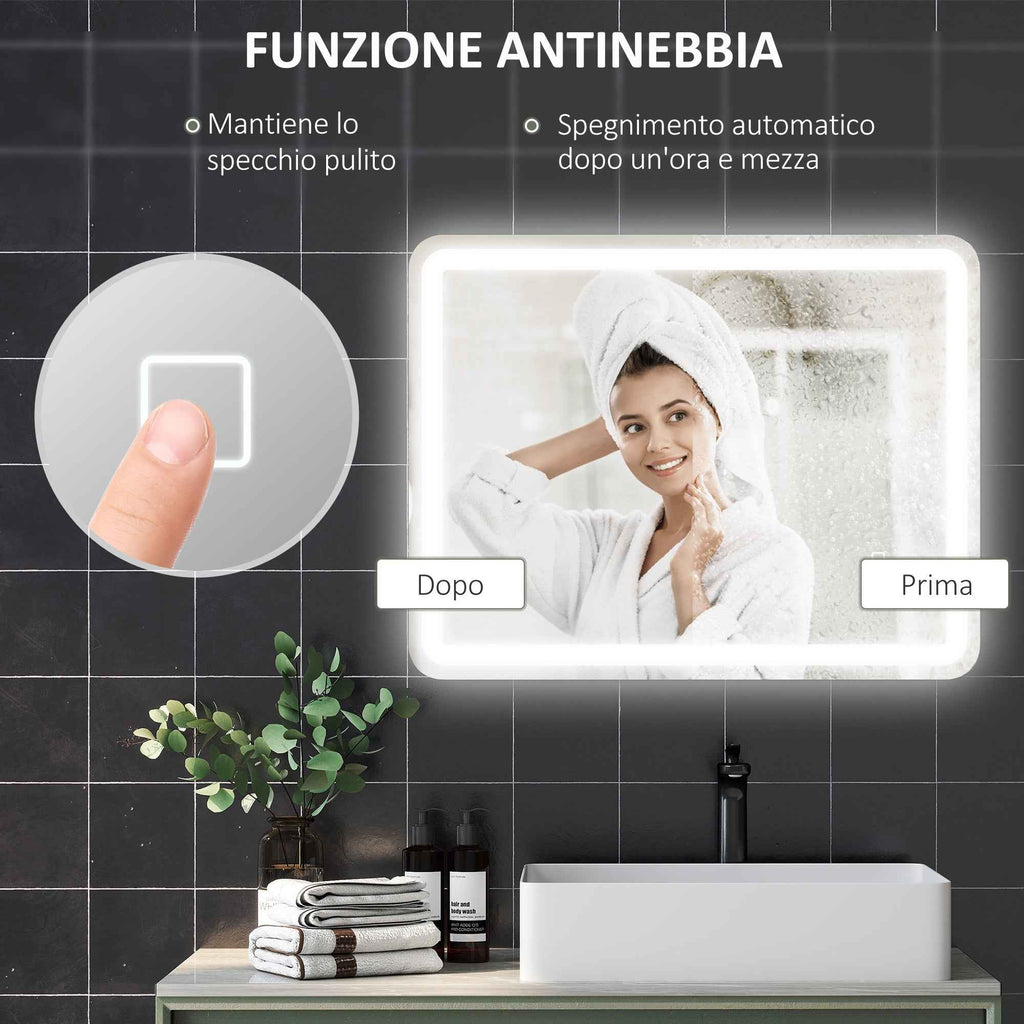 HOMCOM LED Touch Bathroom Mirror with Dimmable Light, 3 Temperatures and Anti-Fog, 70x90 cm