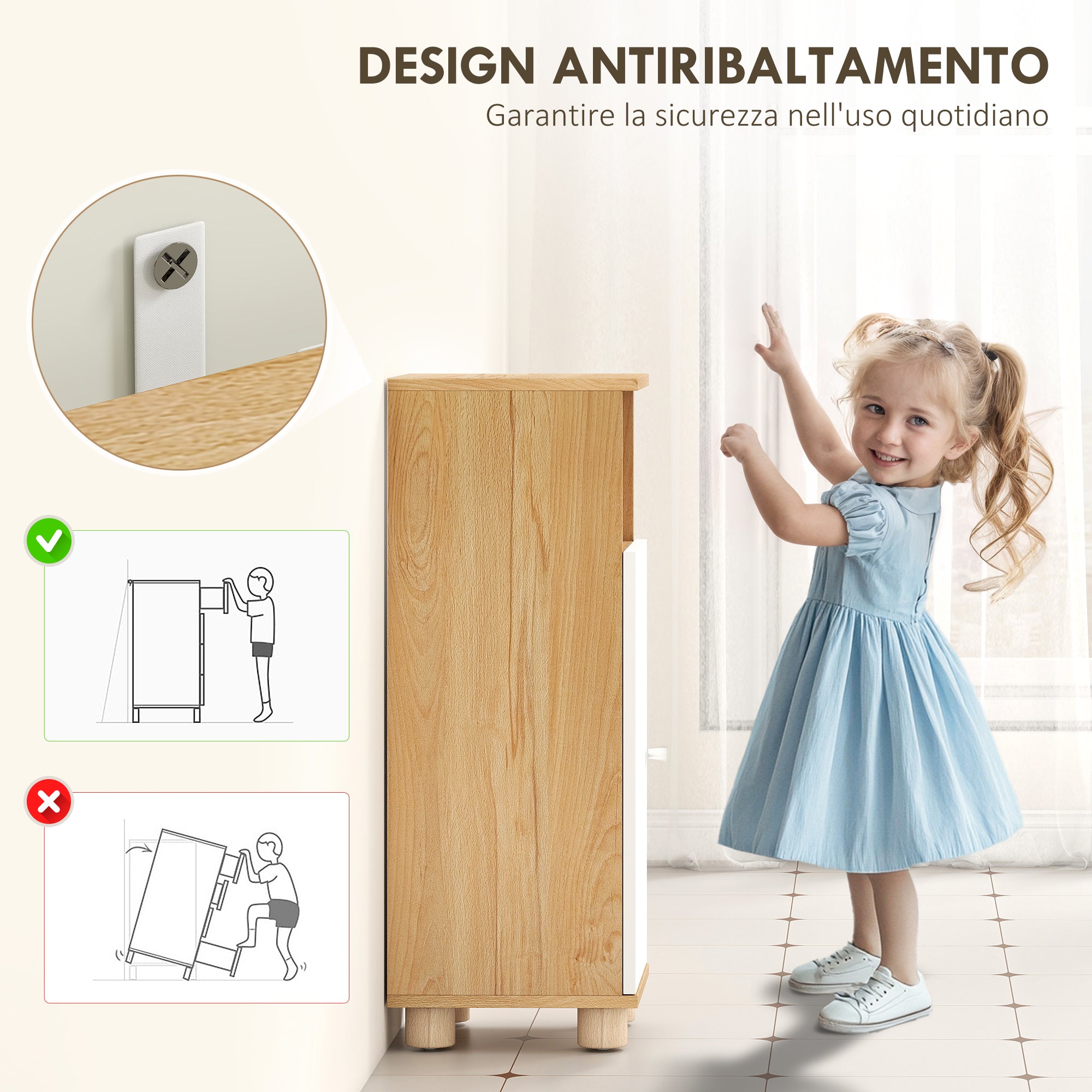 Space-Saving Bathroom Cabinet with 2 Shelves and Open Compartment, 30x30x79.7 cm, White and Wood