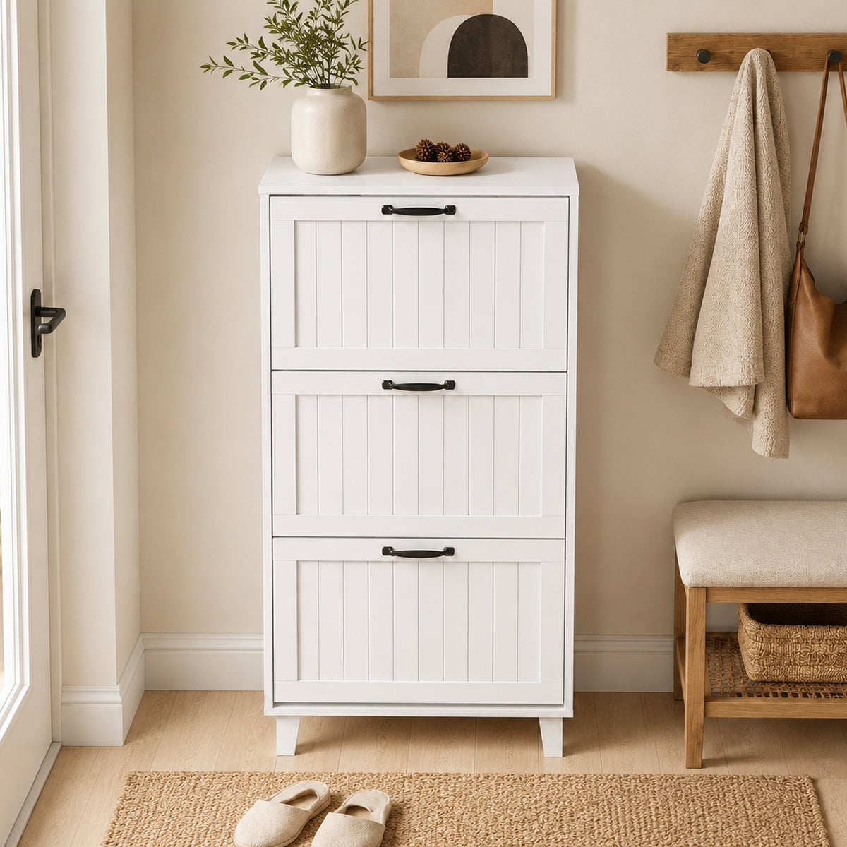HOMCOM Space-Saving Shoe Rack with 3 Folding Drawers and Adjustable Shelves, 60x24x118 cm, White