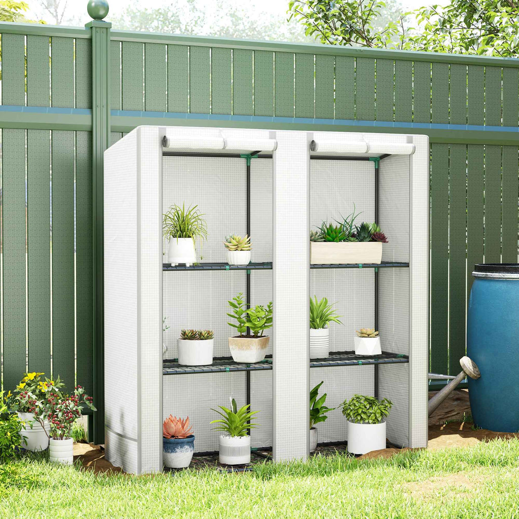 Outsunny Garden Greenhouse with 2 Roll-Up Doors, 3-Tier Shelving and Side Pockets, White and Gray