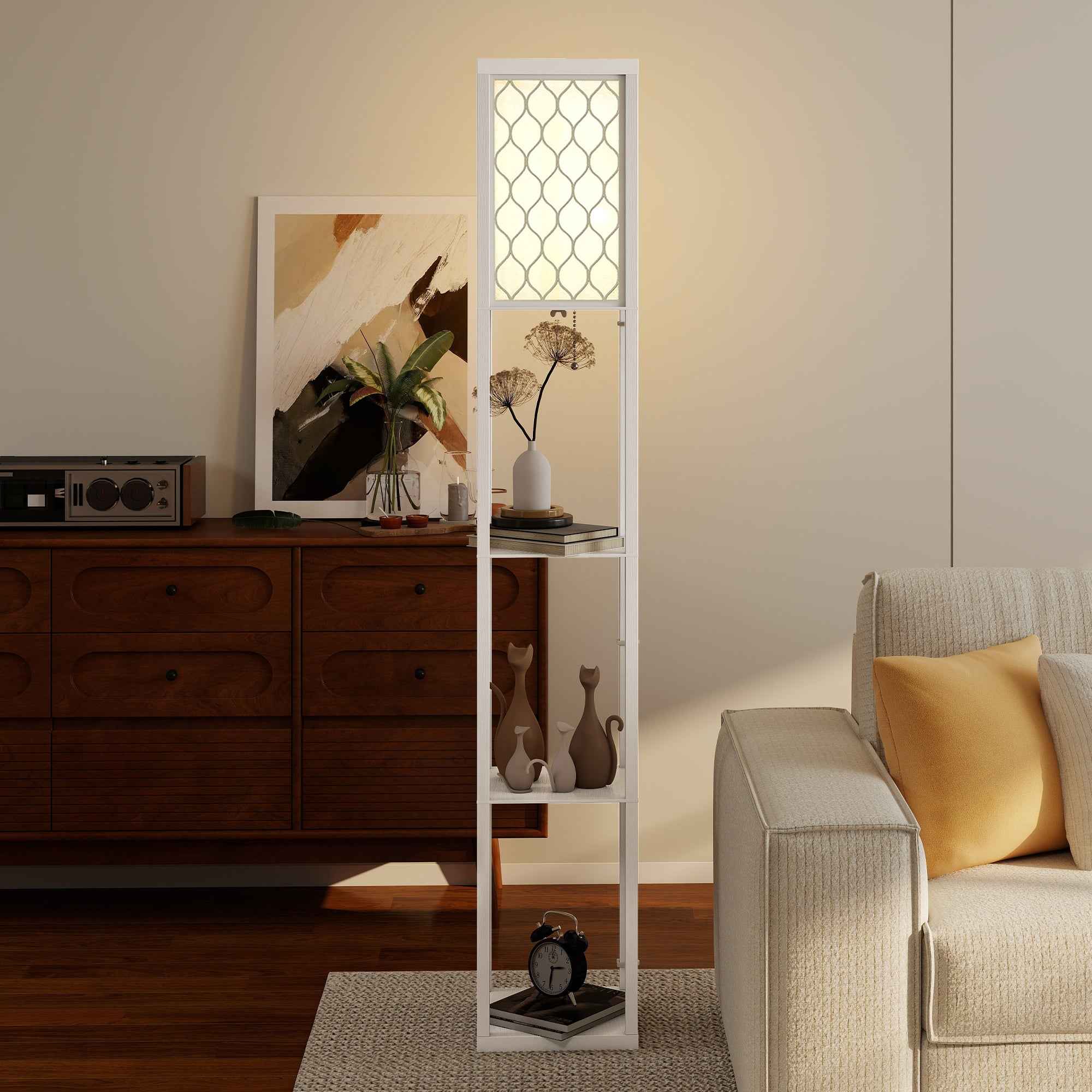 HOMCOM 2-in-1 Modern Floor Lamp with 3 Shelves, E27 Socket, 26 x 26 x 160 cm, White