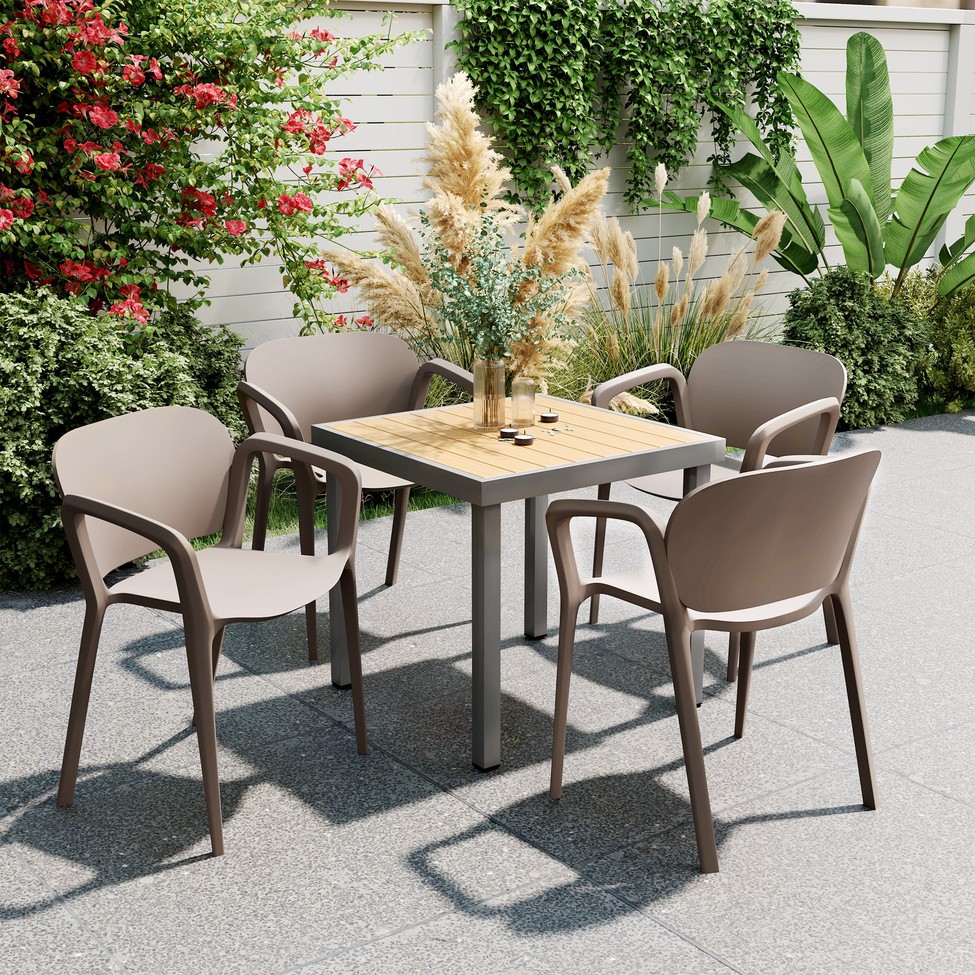 Set of 4 Stackable Garden Chairs in Modern Plastic with Armrests 60x56x75 cm, Grey