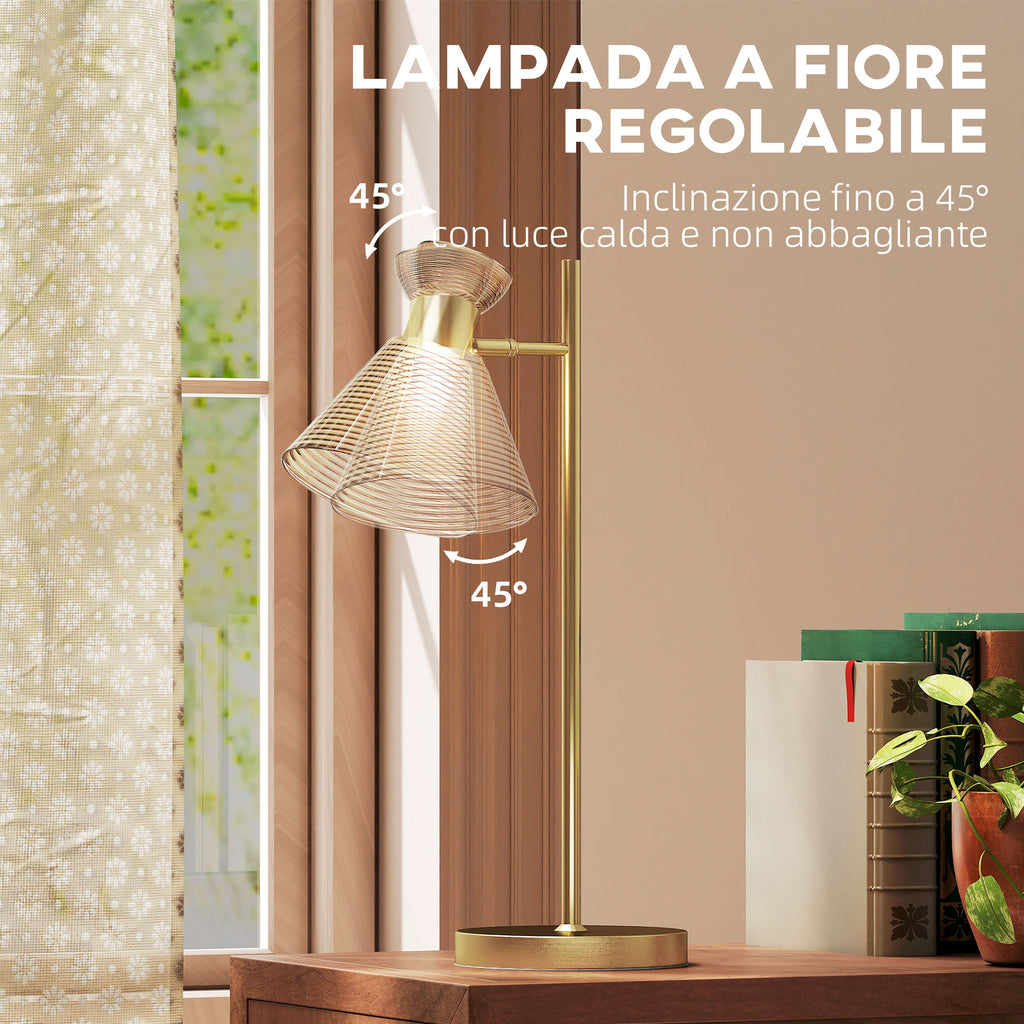 Modern Table Lamp with Adjustable Amber and Satin Glass Lampshade, E27 Socket, Gold