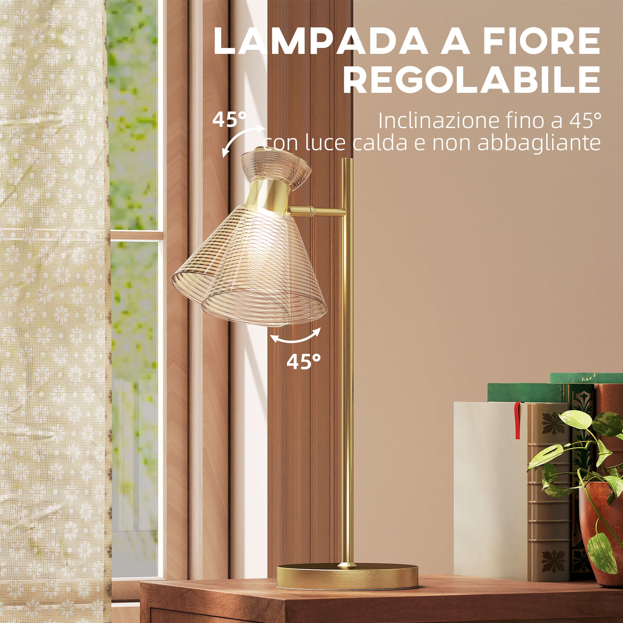 Modern Table Lamp with Adjustable Amber and Satin Glass Lampshade, E27 Socket, Gold