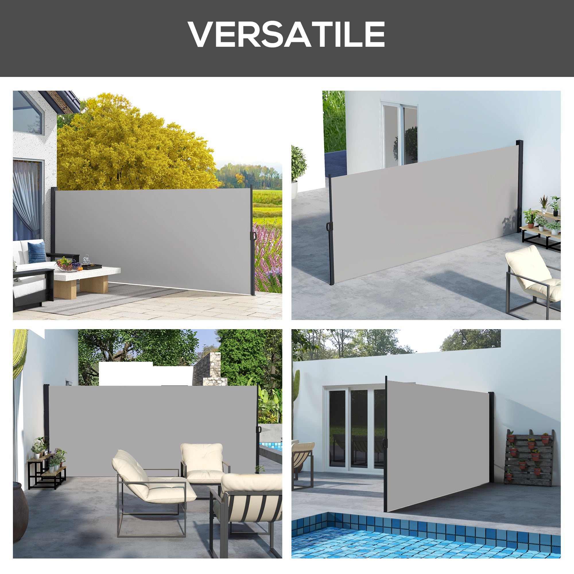 Retractable Side Awning 400x180 cm with Handle, in Metal, Aluminum and Polyester, Light Gray