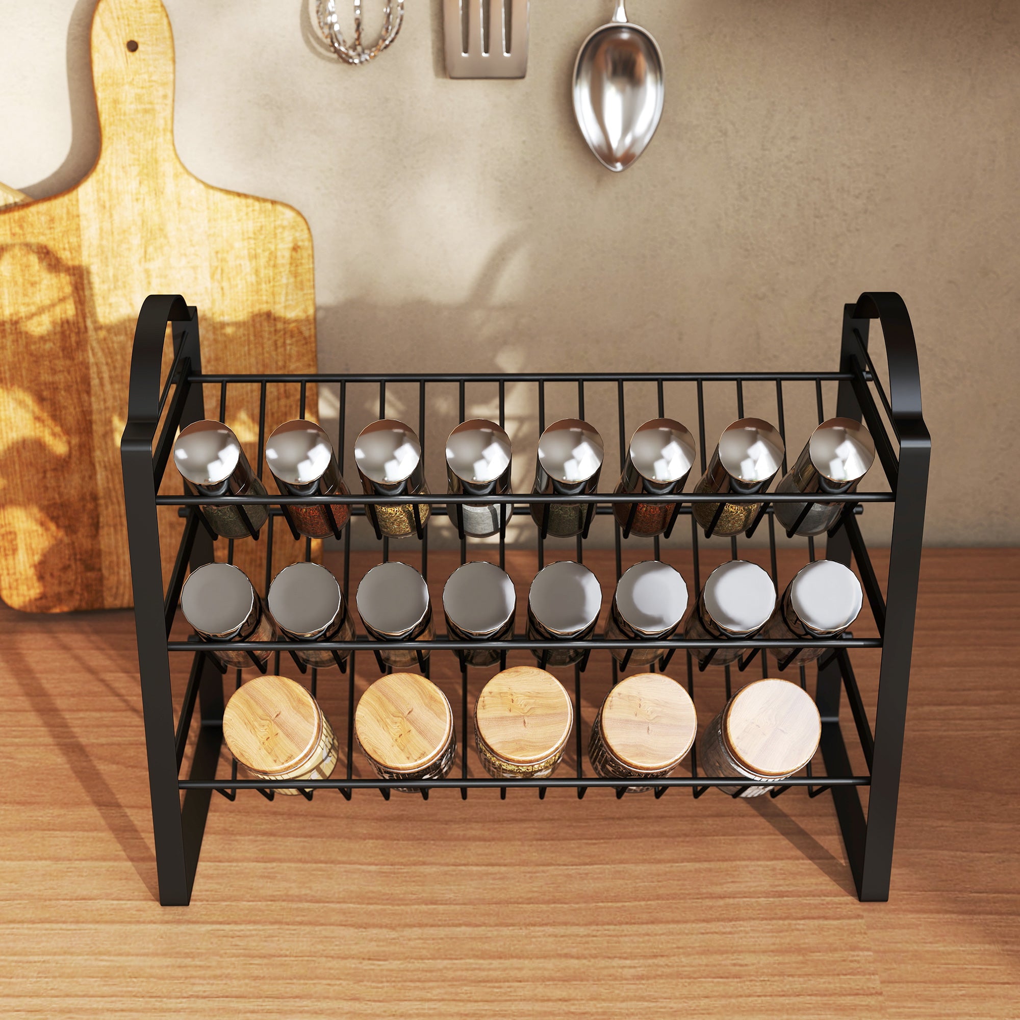 3-Tier Kitchen Spice Rack, Space-Saving Organizer with Slanted Metal Shelves, Black