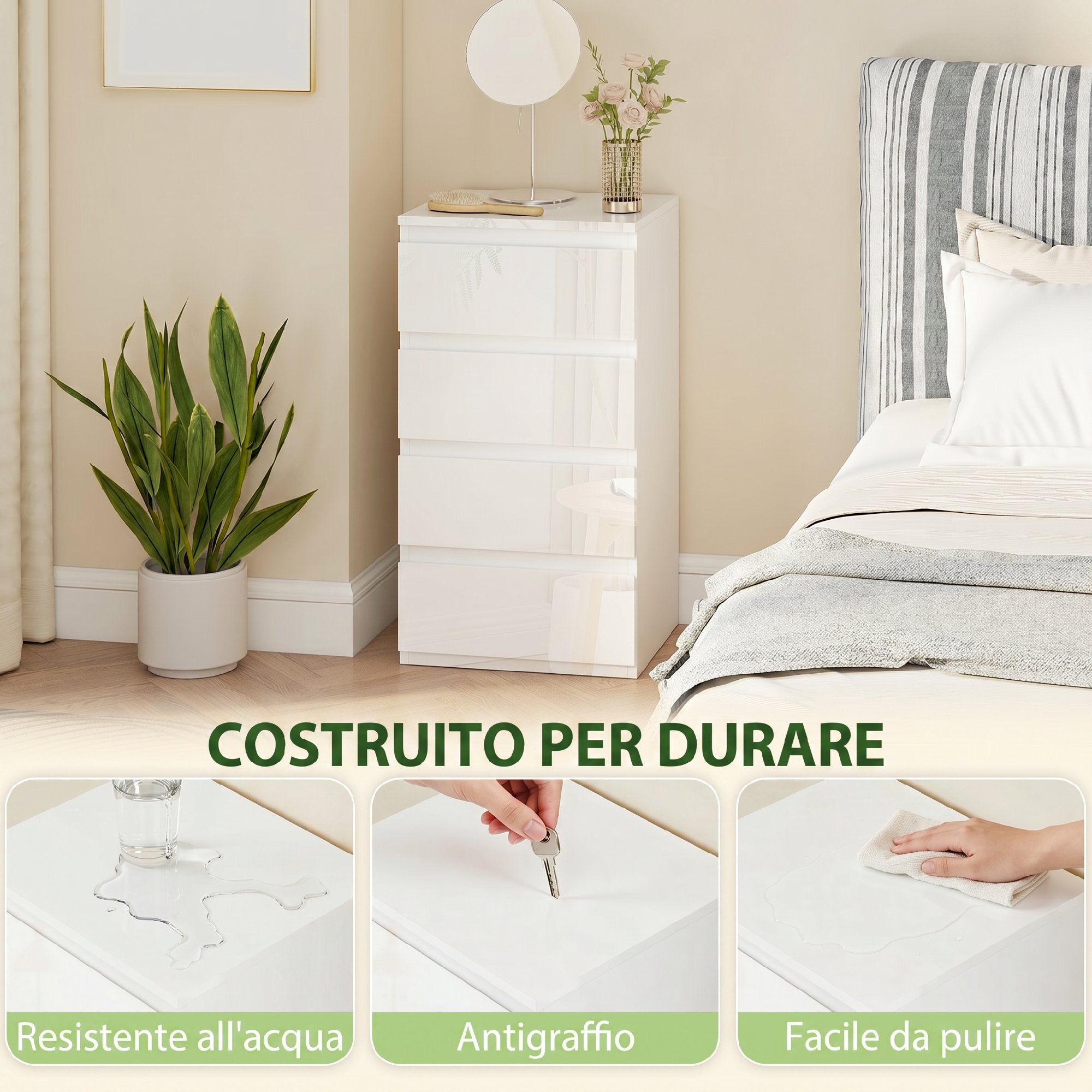 HOMCOM Space-Saving 4-Drawer Wooden Chest of Drawers, 40x35x74 cm, Glossy White