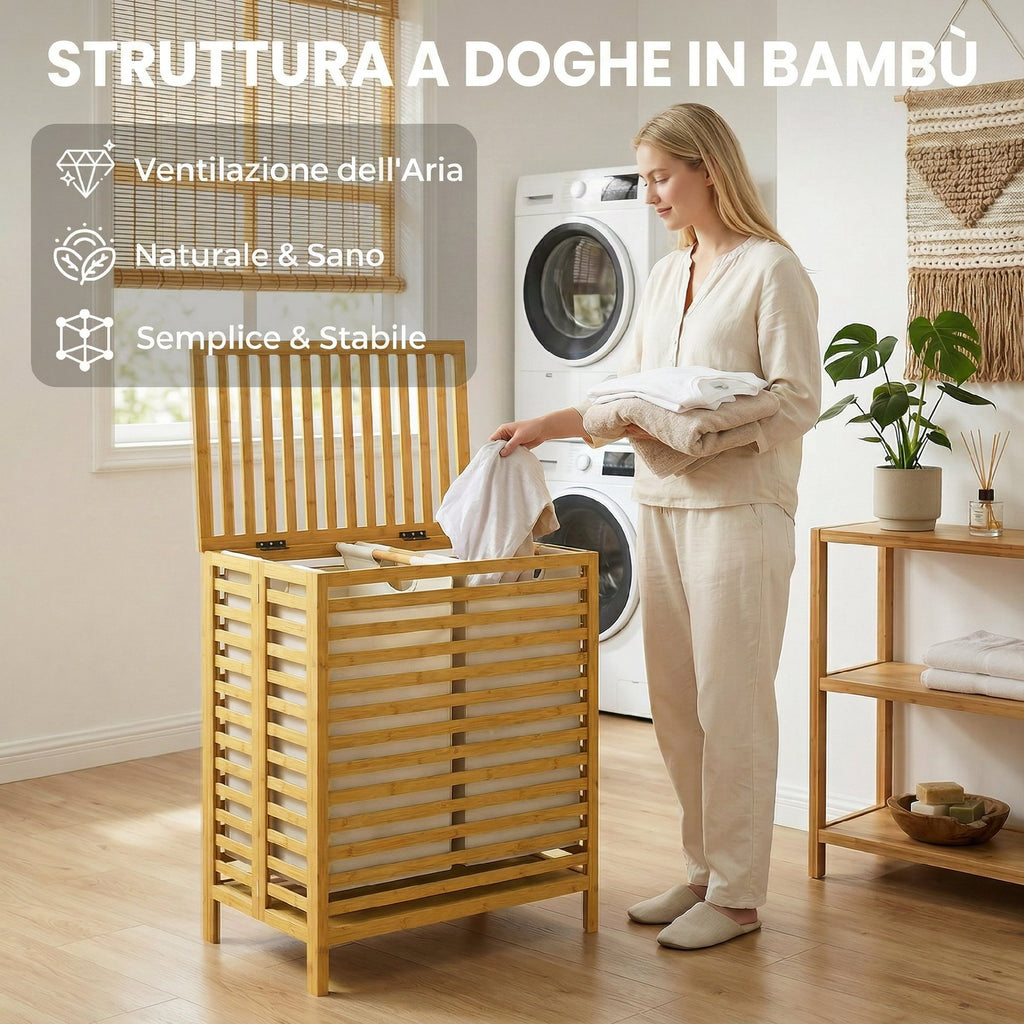 HOMCOM 64L Bamboo Laundry Hamper with Lid, 2 Removable and Washable Oxford Fabric Bags, Wood Color