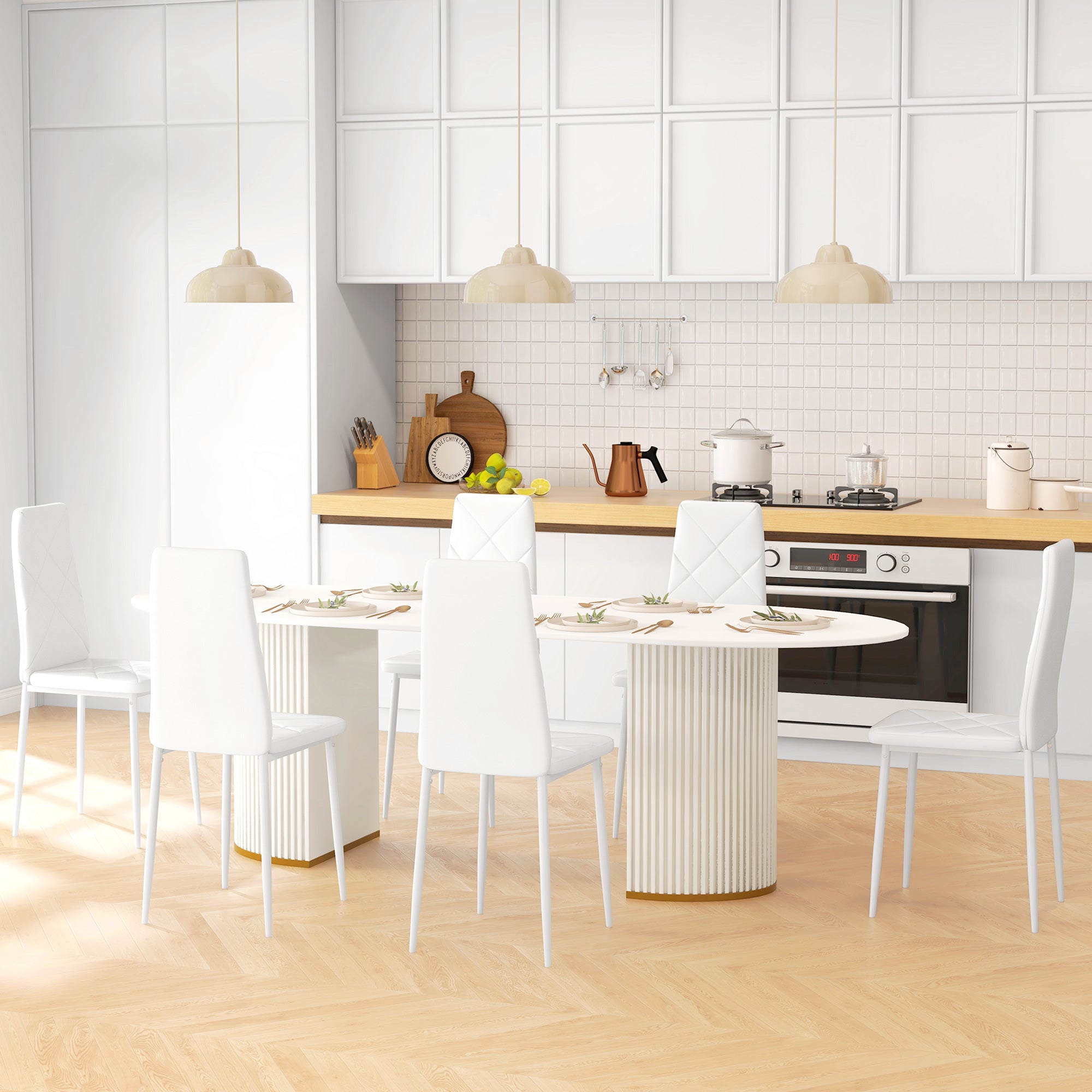 Set of 6 Modern High Back Dining Chairs in Faux Leather and Steel, 41x50x97 cm, White