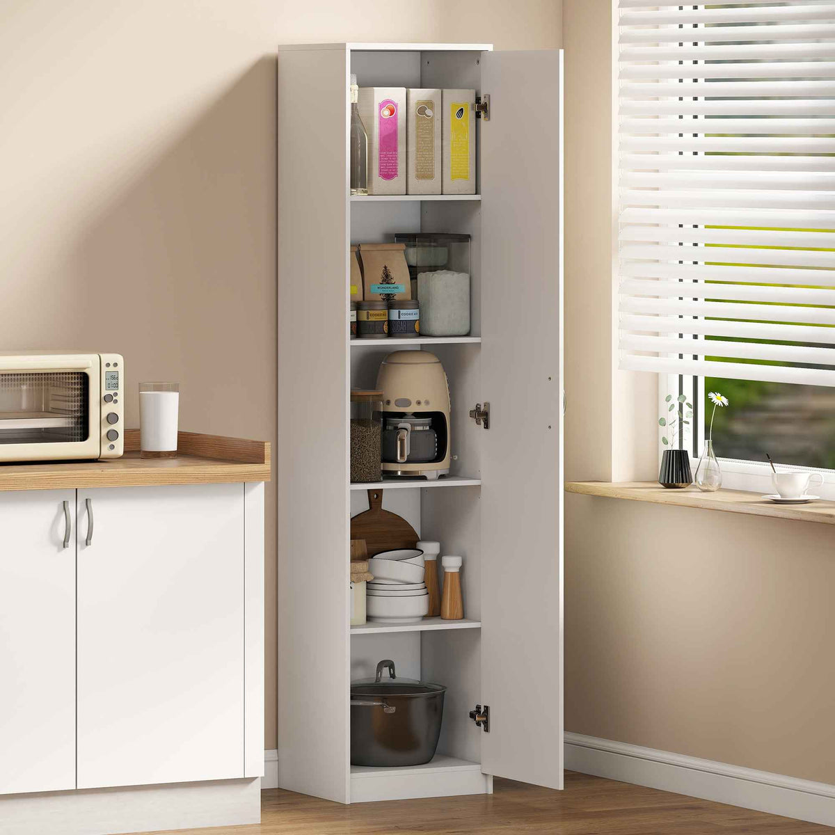 HOMCOM 5-Tier Slim Kitchen Cabinet with Adjustable Interior Space, Wooden, 40x35x180 cm, White