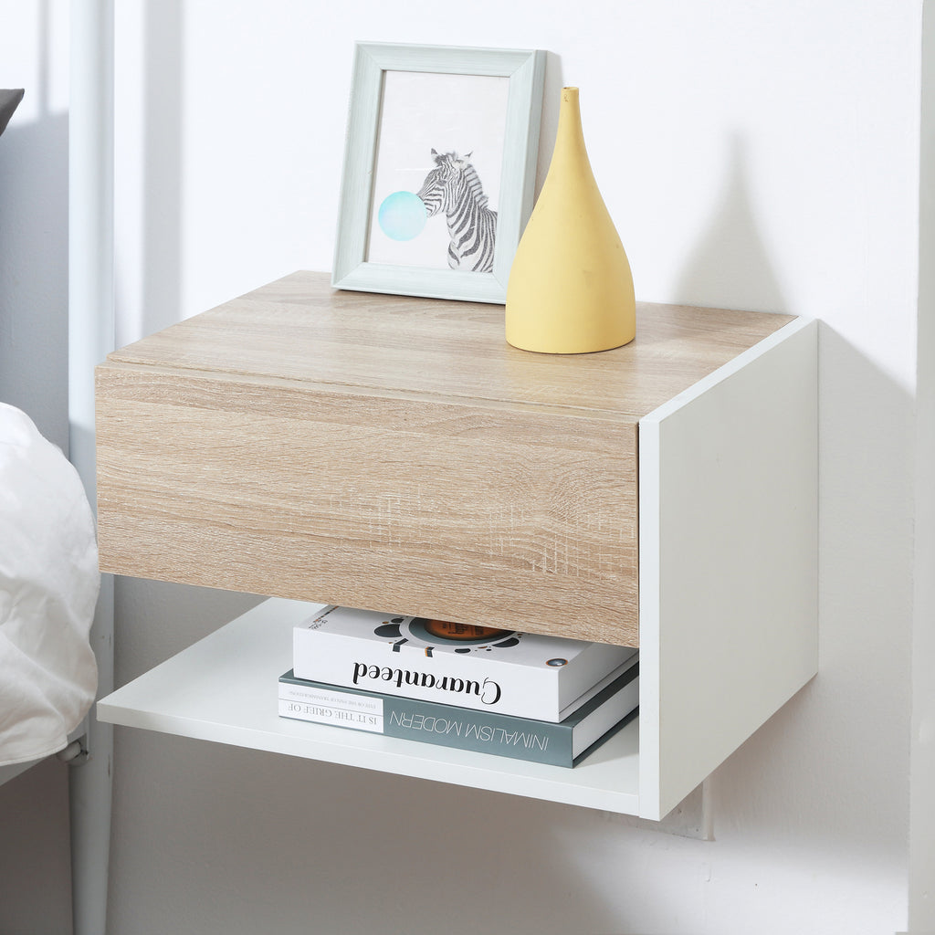 Set of 2 Wall-Mounted Bedside Tables with Drawer and Shelf, Modern Bedroom Furniture, White and Oak
