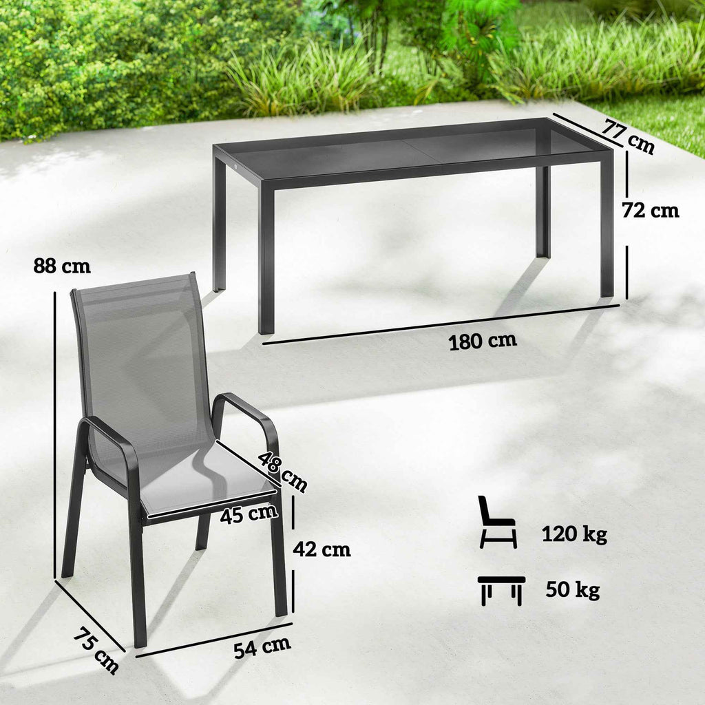 Outsunny 9-Piece Outdoor Set with 8 Stackable Texteline Chairs and Glass-Top Coffee Table, Light Grey