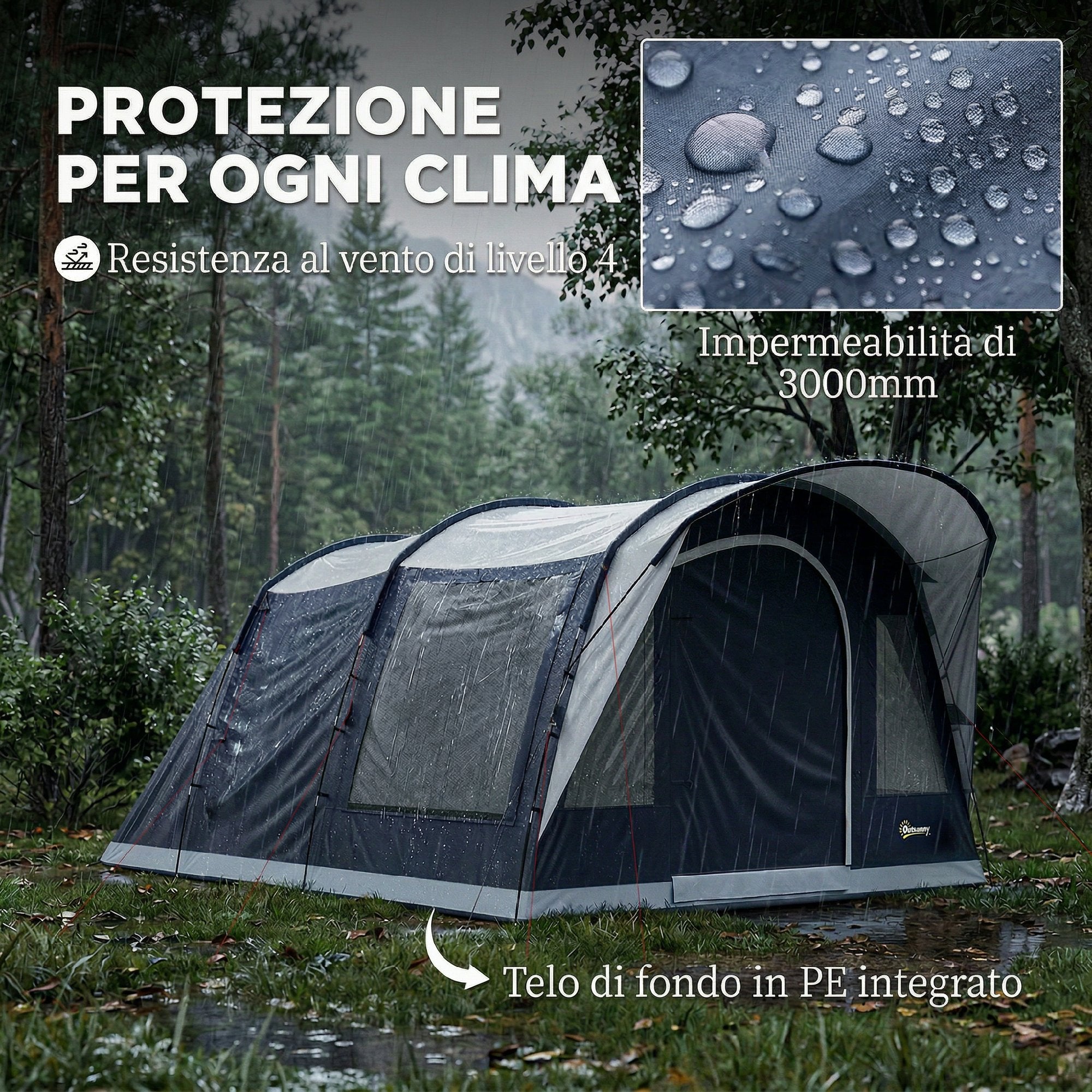 Outsunny 2-4 Person Tunnel Tent, Bedroom, Living Area, Waterproof, Navy Blue
