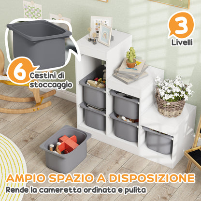 Storage 3-Tier Toy Shelf with 6 Containers for Children from 3-8 Years, 96x38.5x90cm, Grey