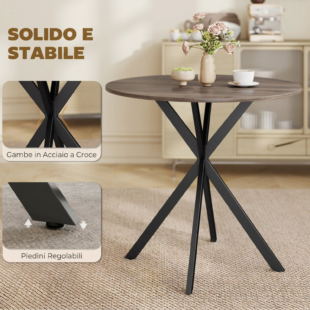 HOMCOM Industrial Style Round Dining Table with Steel Cross Legs, Ø80x75 cm, Brown