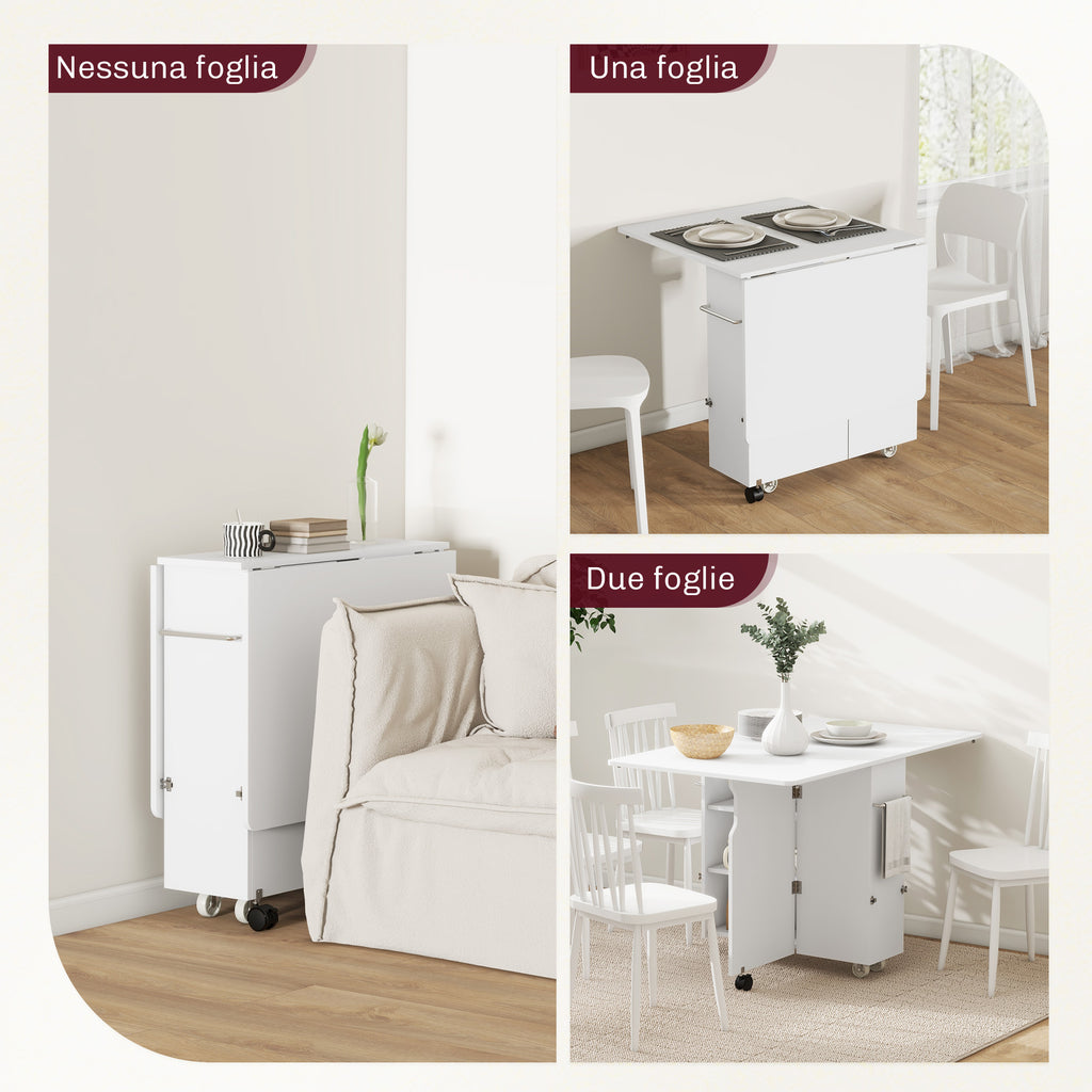 HOMCOM Folding Leaf Table with 3-Level Shelves, Box and Wheels, in MDF, 130x80x76.5 cm, White - Borgè