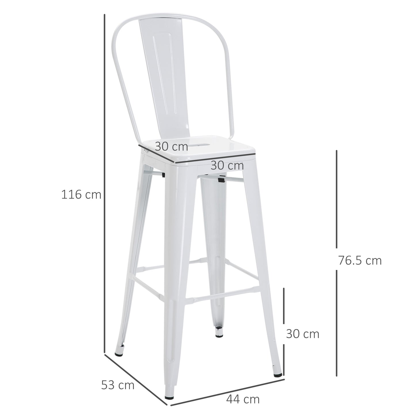 Set of 4 Ergonomic Metal Stools with Removable Backrest and Footrest, 44x53x116 cm, White