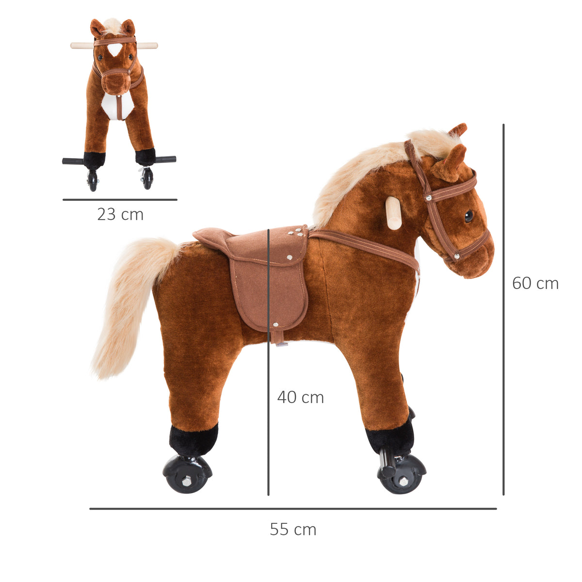 HOMCOM Ride-On Horse for Children 2+ Years with 4 Wheels, Sounds, Footrest, 60 kg Capacity, 55x23x60cm, Brown