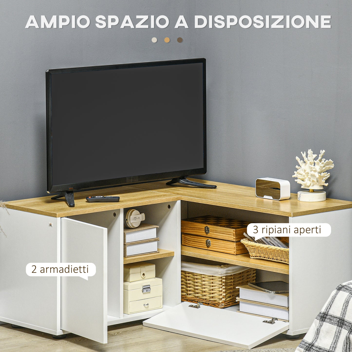 Homcom Mobile TV A L for 40 "TV with 3 open shelves and 2 lockers, in chipboard, 90x90x45 cm - Borgè