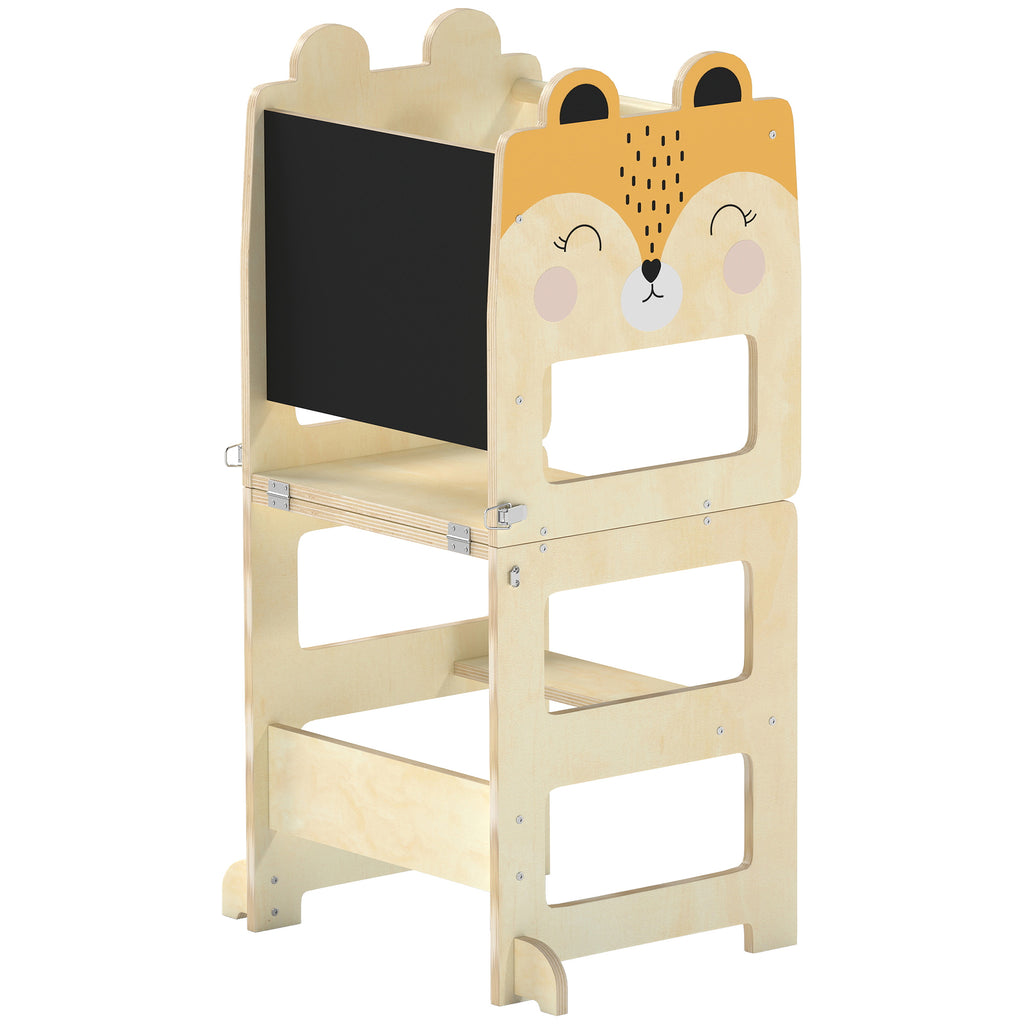 AIYAPLAY Montessori Tower for Children 2-5 Years with Blackboard and Table, Wooden, 57x39x93 cm, Wood Color