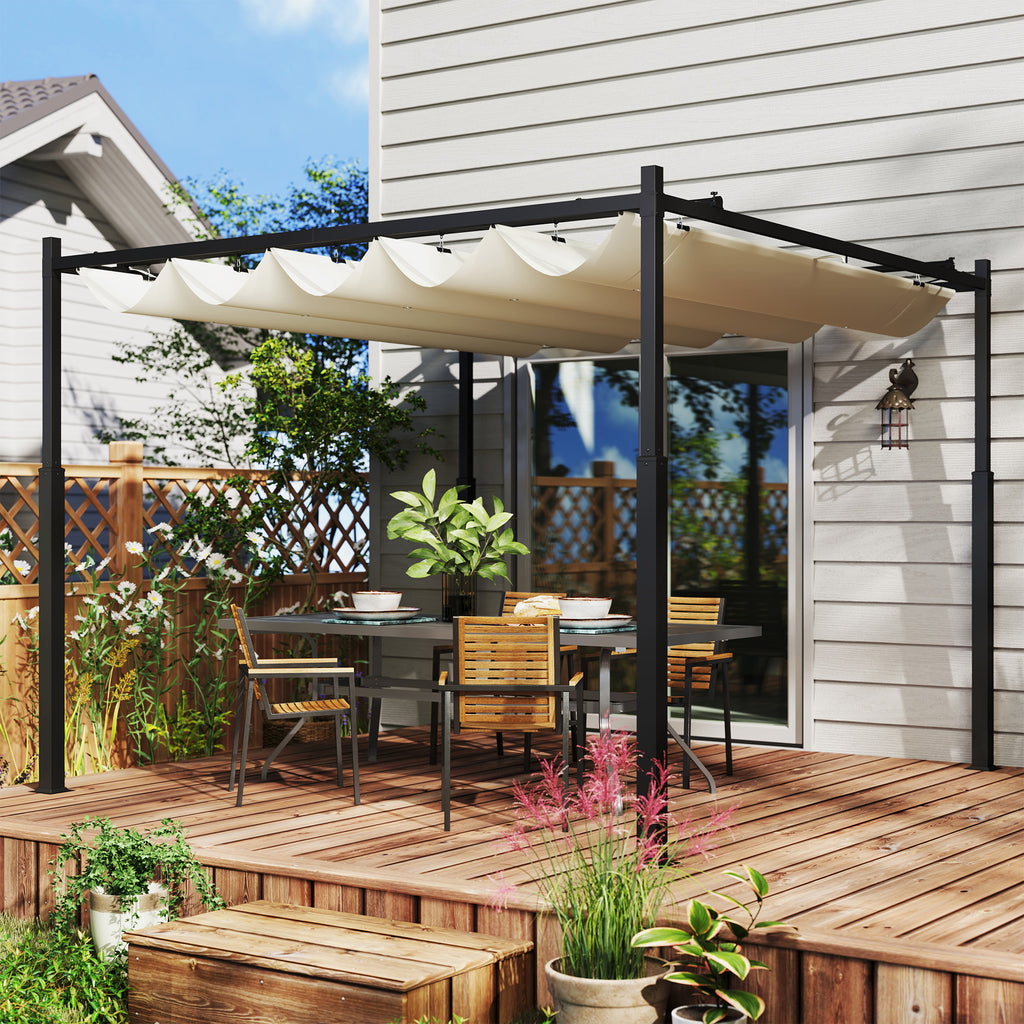 Gazebo Pergola 3x3 m with Retractable Canopy, 8 Screws and 8 Stakes, in 180g Polyester and Metal, Cream White
