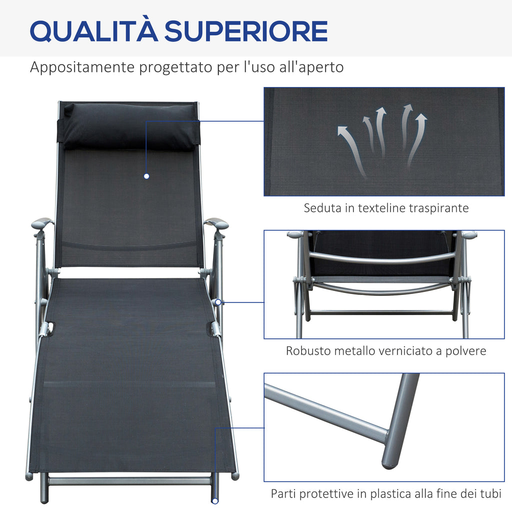 Outsunny Folding Garden Lounger with Cushion, 7-Reclining Backrest, 137x63.5x100.5cm, Black