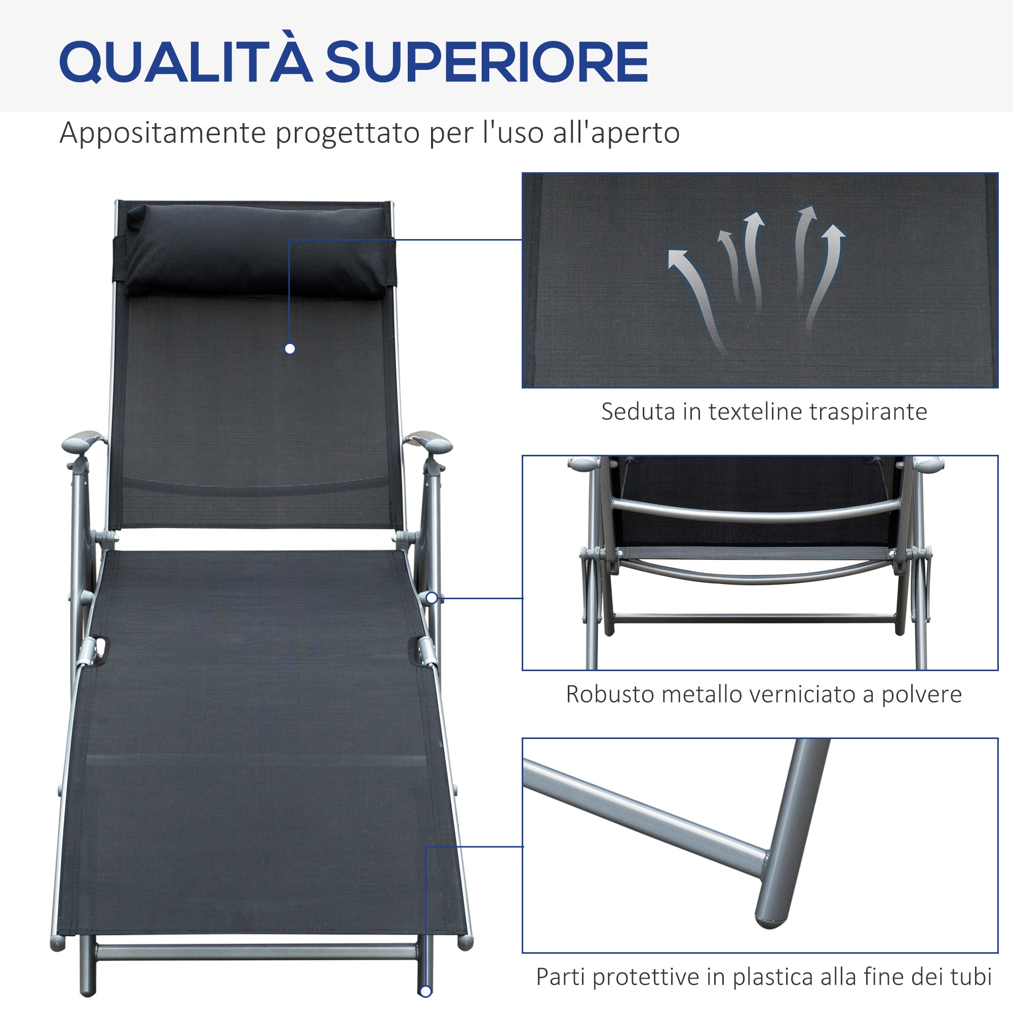 Outsunny Folding Garden Lounger with Cushion, 7-Reclining Backrest, 137x63.5x100.5cm, Black
