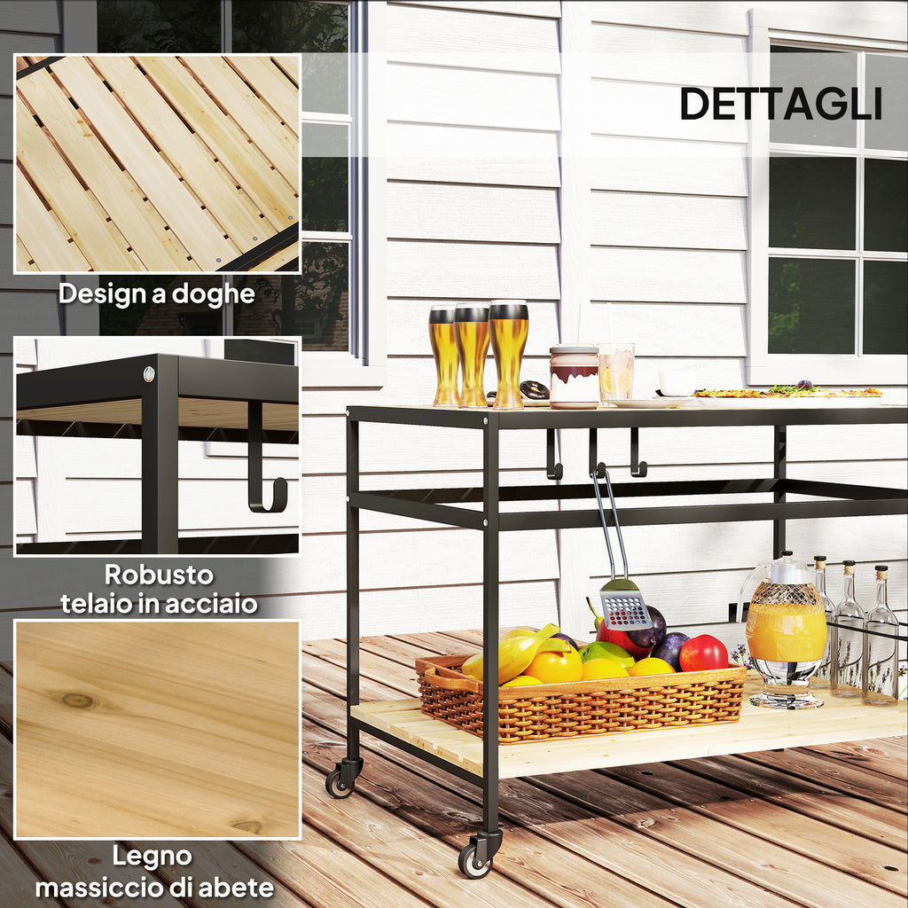 Outsunny Garden Food Cart in Wood with Slats and Steel, Shelf and Handle, 107x65x80 cm