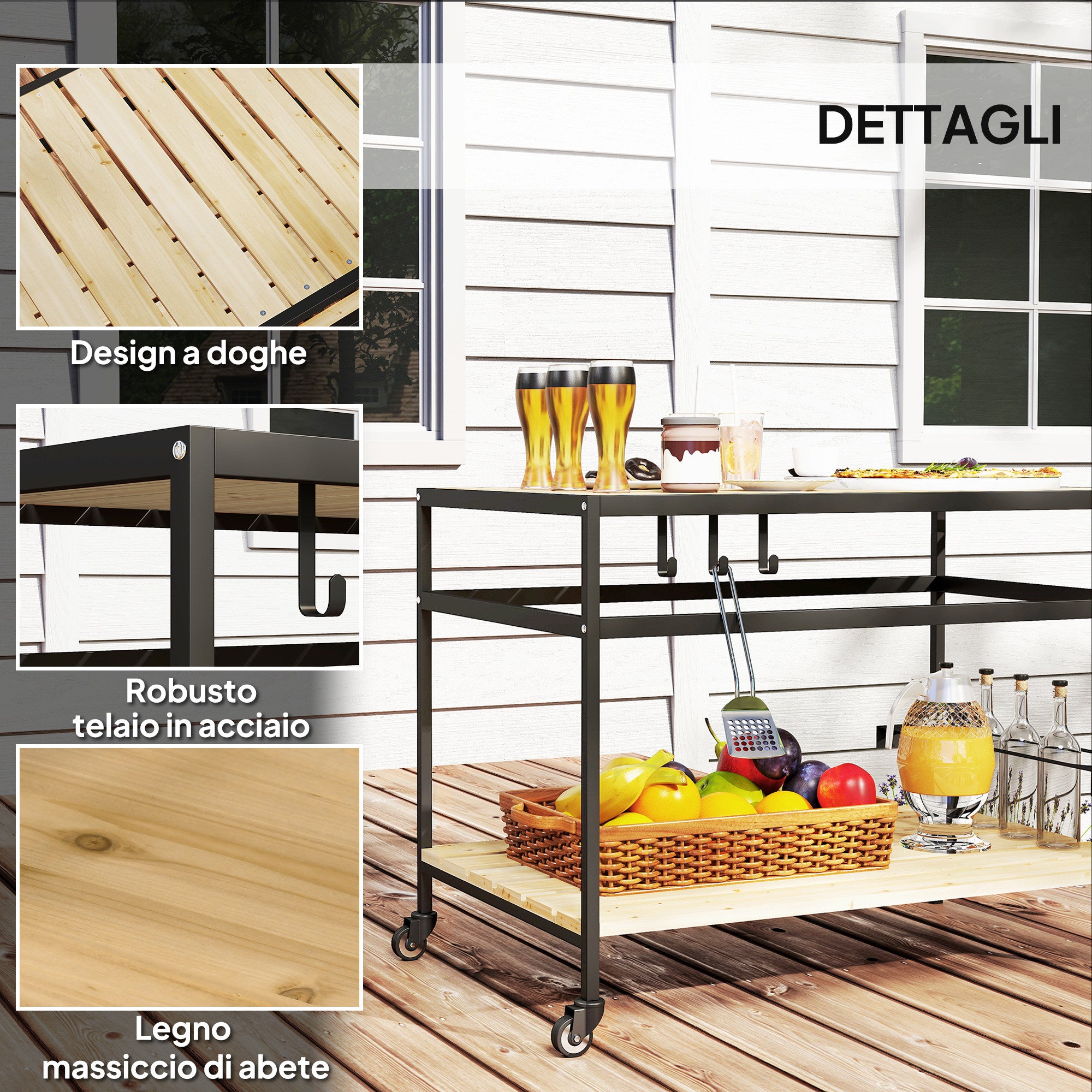 Outsunny Garden Food Cart in Wood with Slats and Steel, Shelf and Handle, 107x65x80 cm
