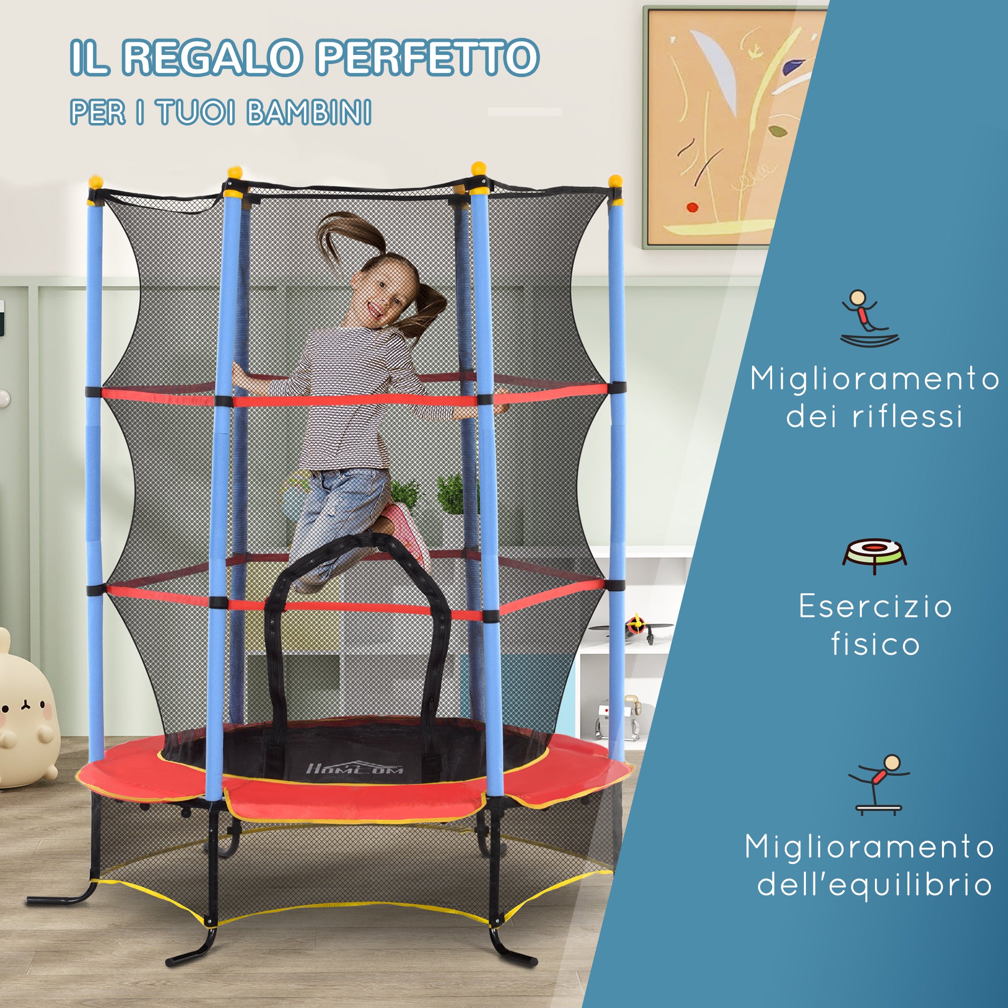 Children's Trampoline with Trampoline Mat, Safety Net and Padded Poles, Ages 3-10 Years, Blue